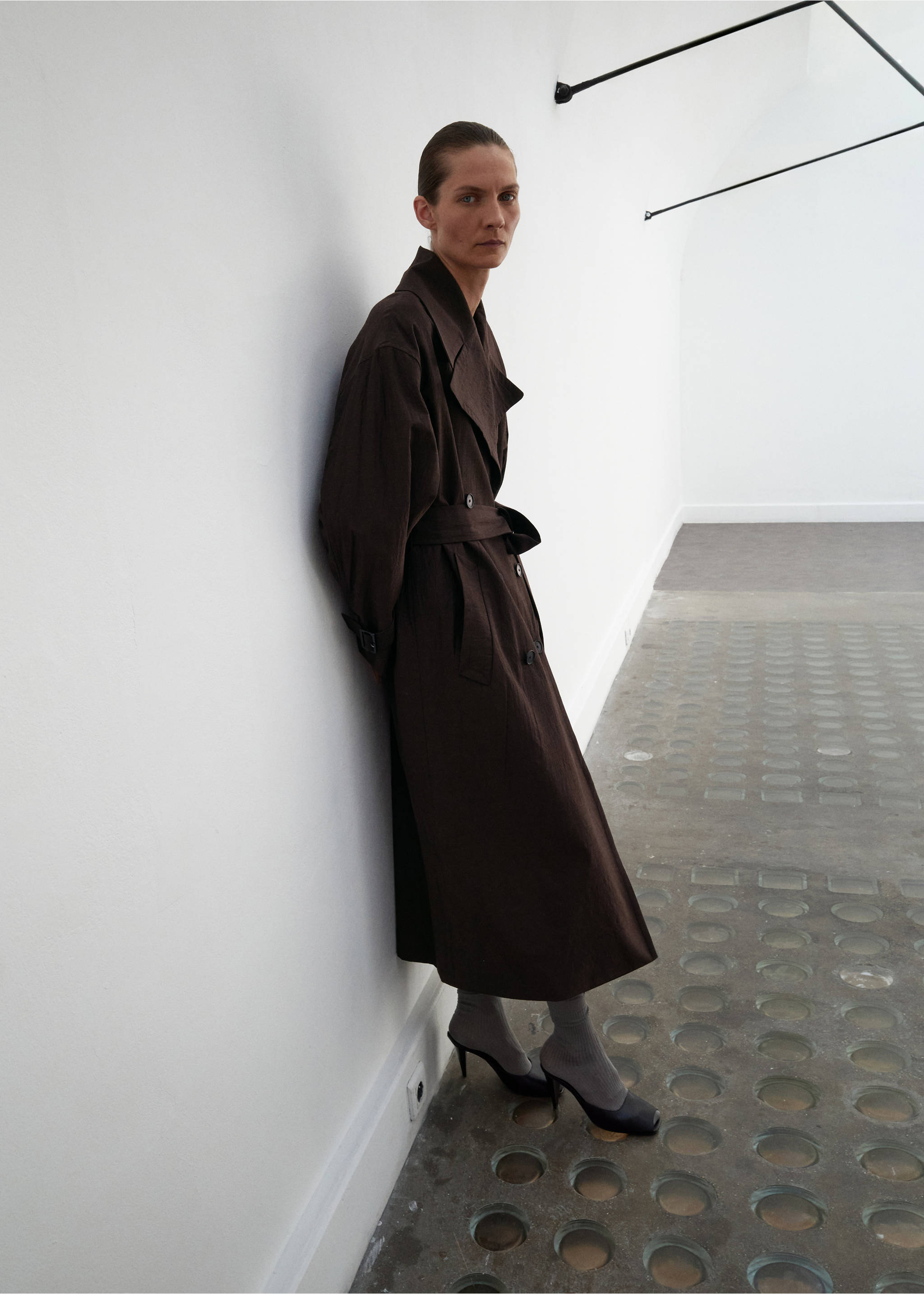 Long virgin wool trench coat - General plane, Chocolate. Ref: 17086360-00.