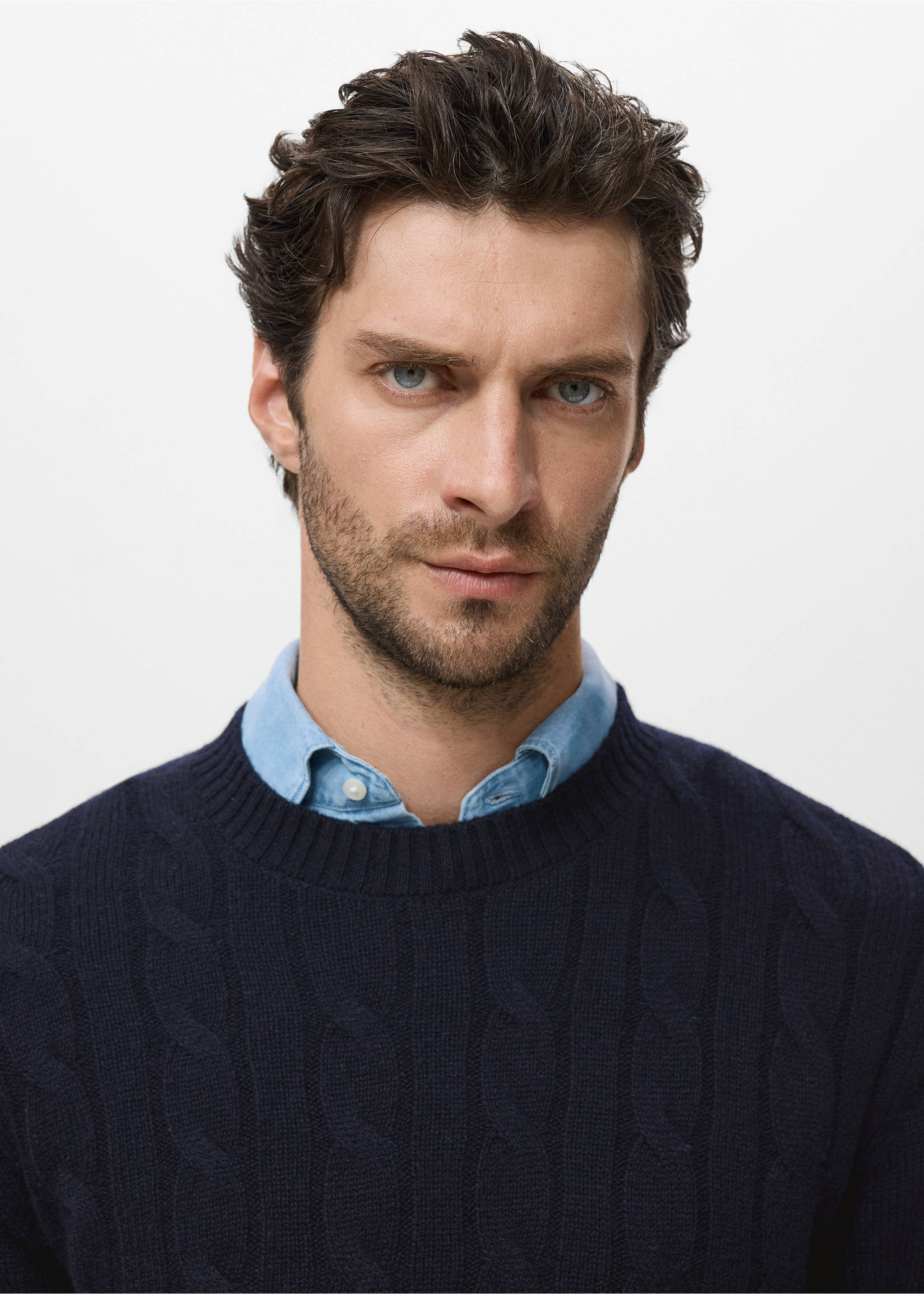 100% wool braided sweater - Details of the article 1, Navy. Ref: 17086721-00.