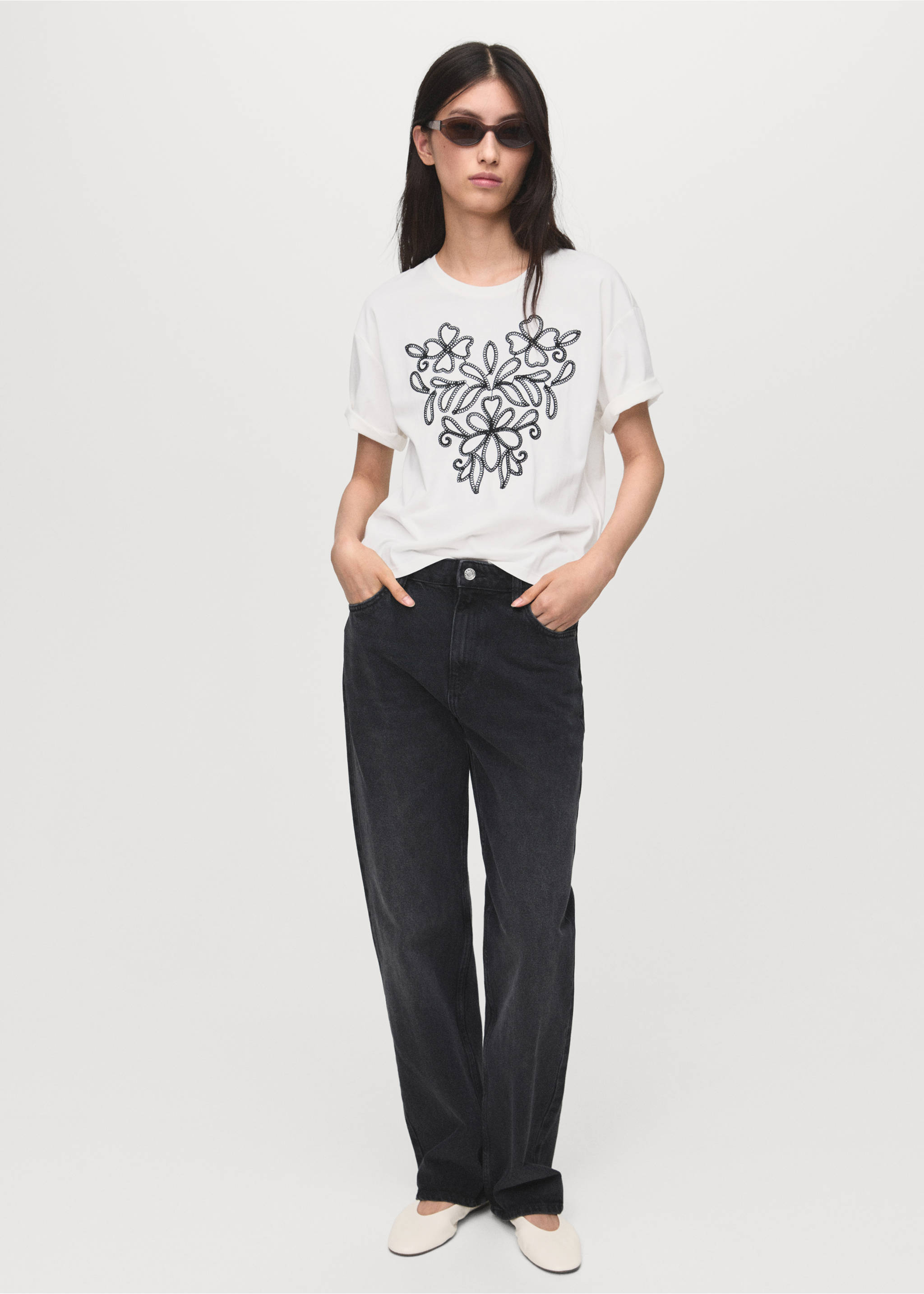 Floral-embroidered cotton t-shirt - General plane, White. Ref: 17086736-00.