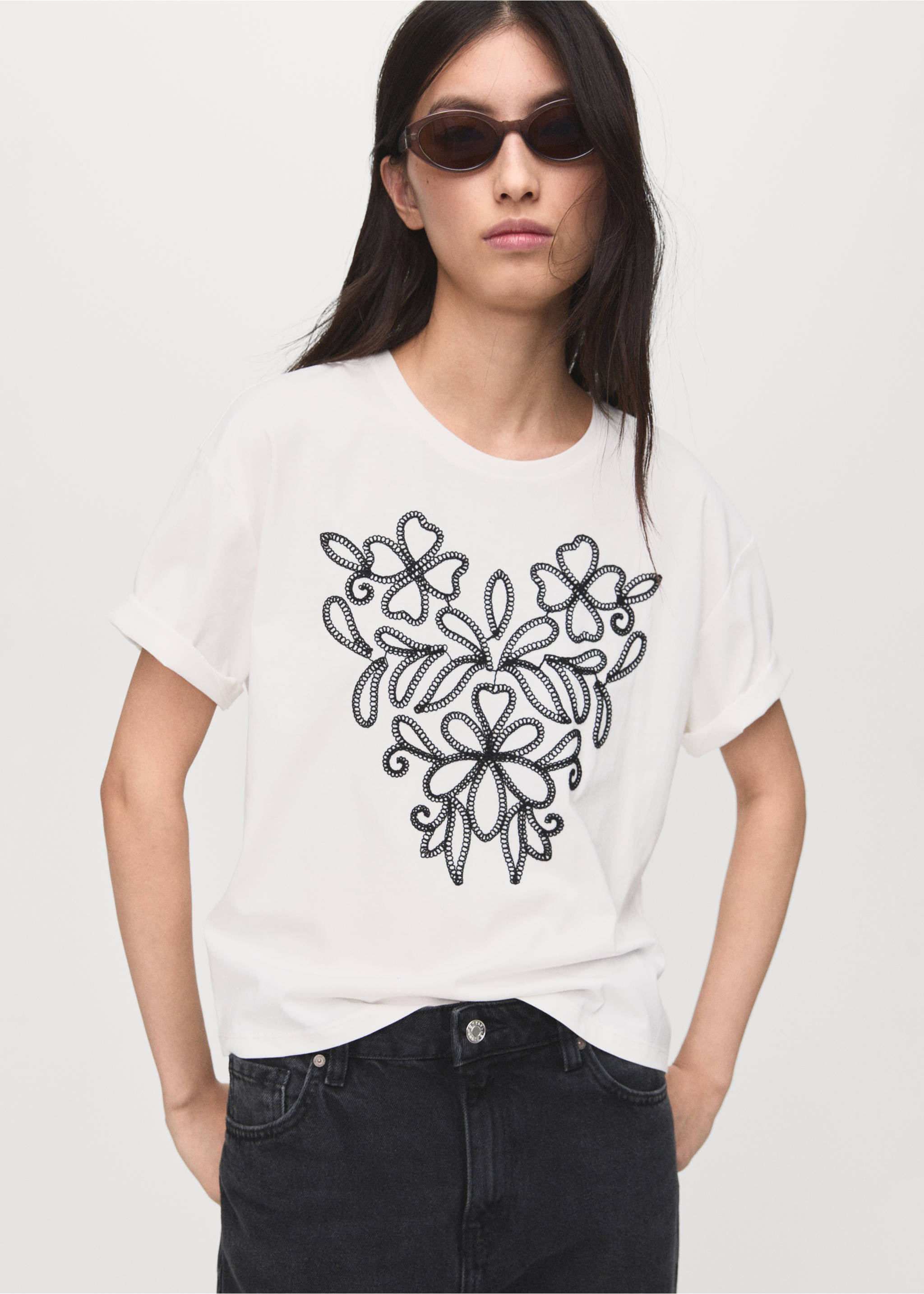 Floral-embroidered cotton t-shirt - Medium plane, White. Ref: 17086736-00.