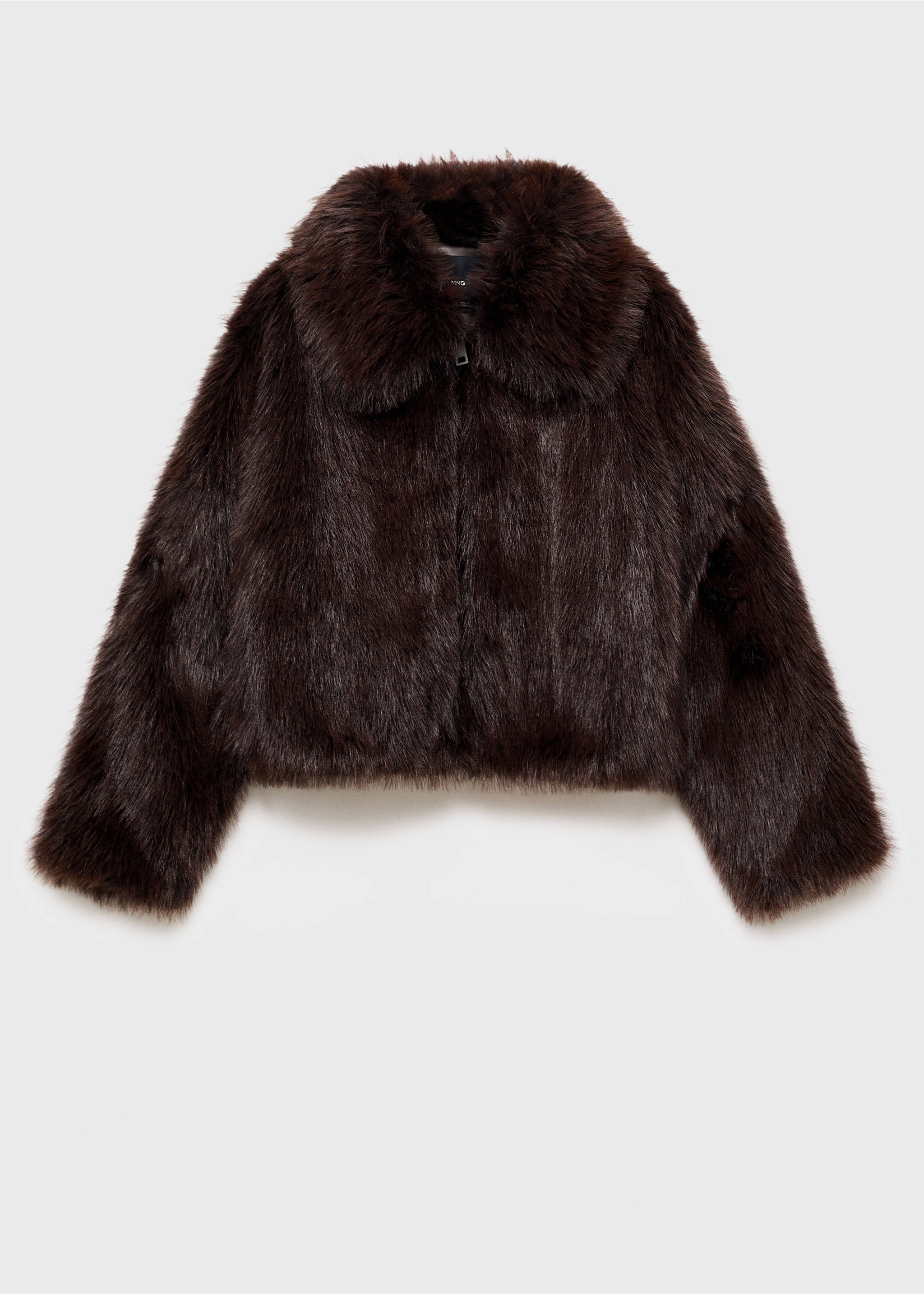 Dark brown faux-fur jacket with a wide collar and cropped fit., Brown. Ref: 17086738-00.