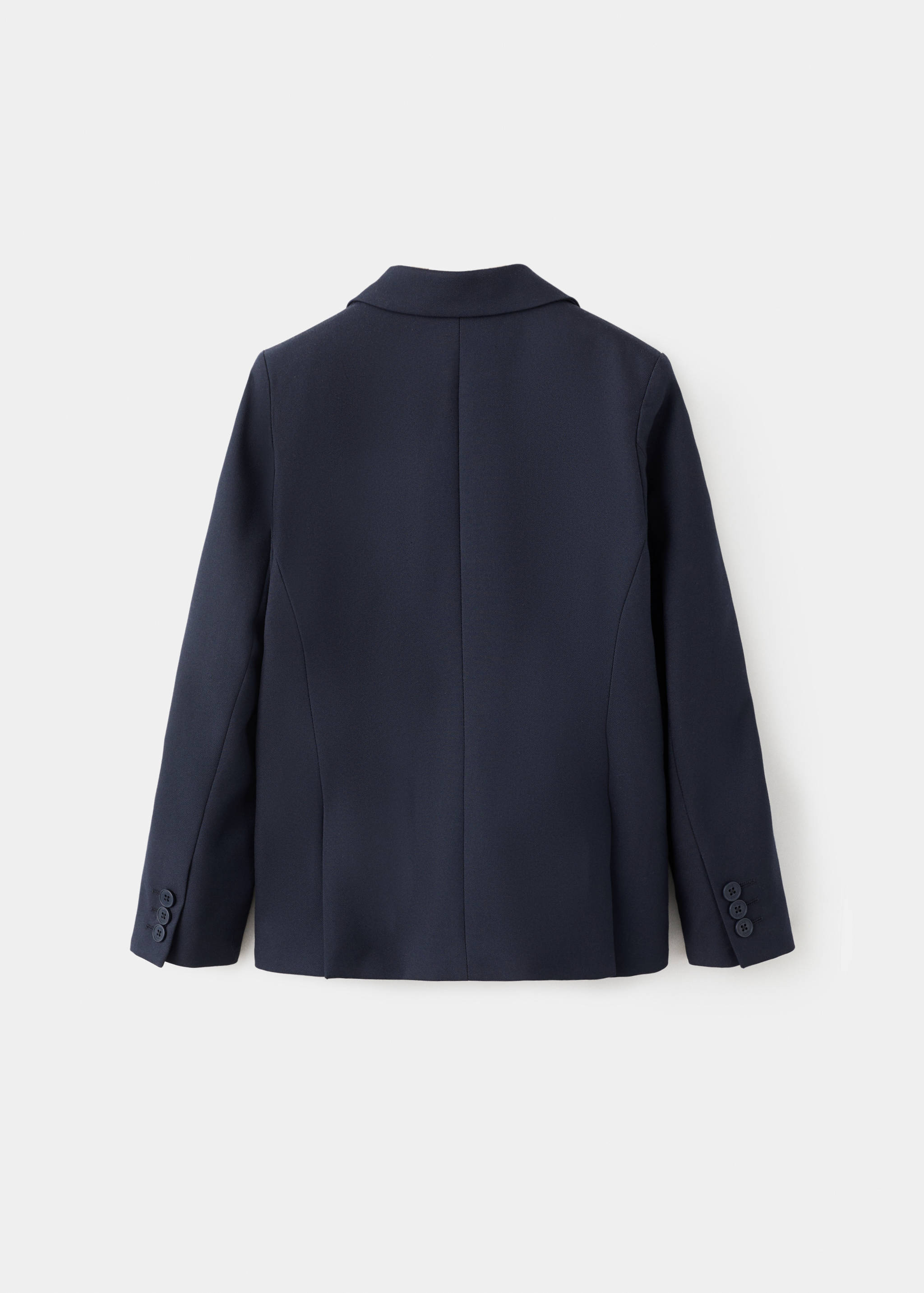 Navy blue blazer shown from the back with a lapel collar and buttoned cuffs.