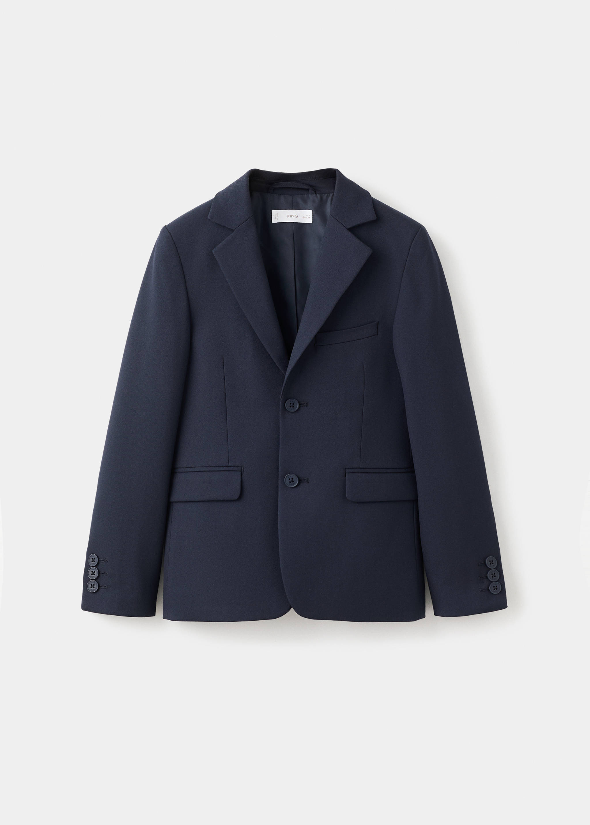 Navy blue children's suit jacket with notched lapels and a two-button closure.
