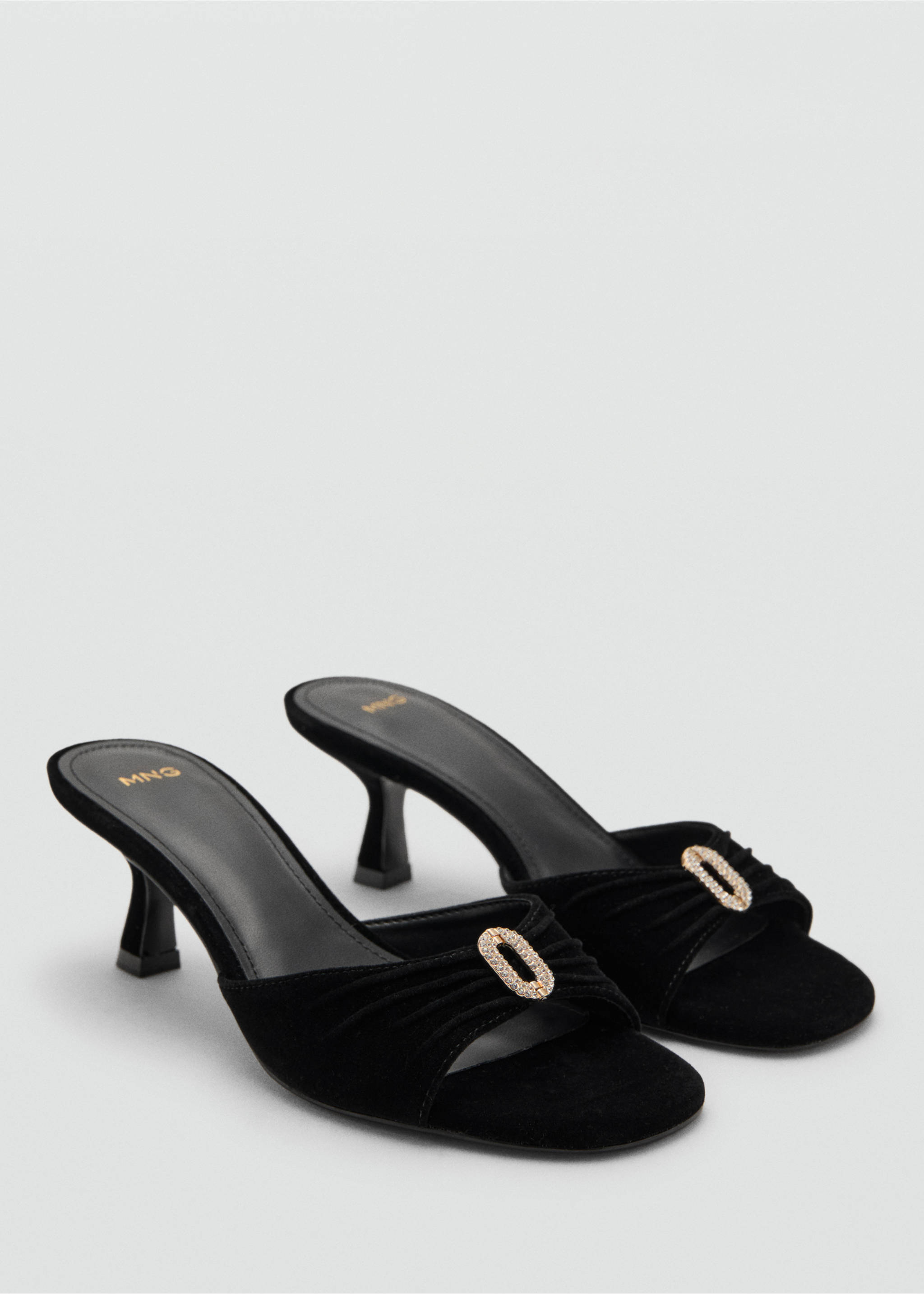 Black heeled mules with gathered front straps and rhinestone buckles., Black. Ref: 17087760-00.