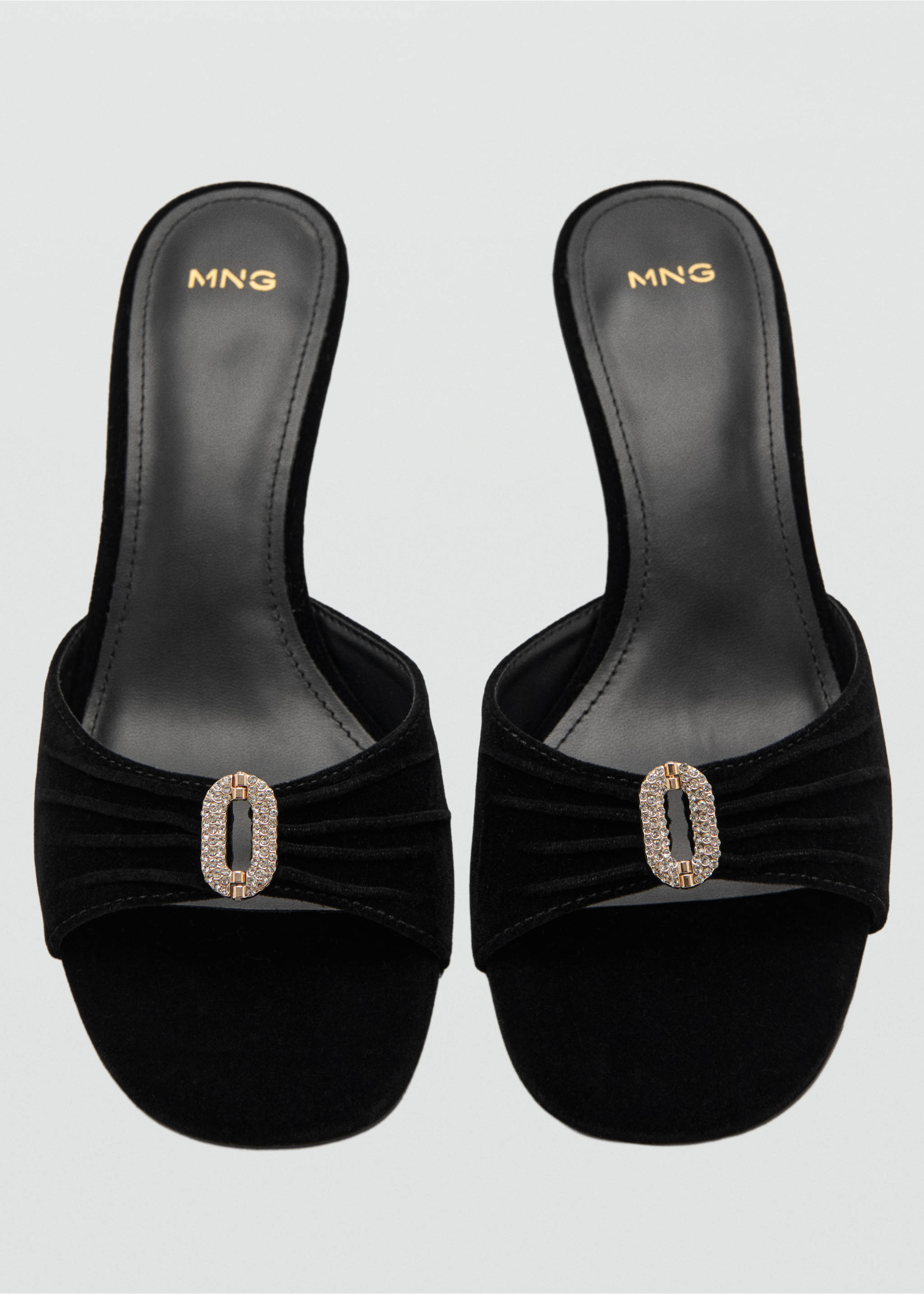 Black velvet mules with a gathered front strap and rhinestone buckle., Black. Ref: 17087760-00.