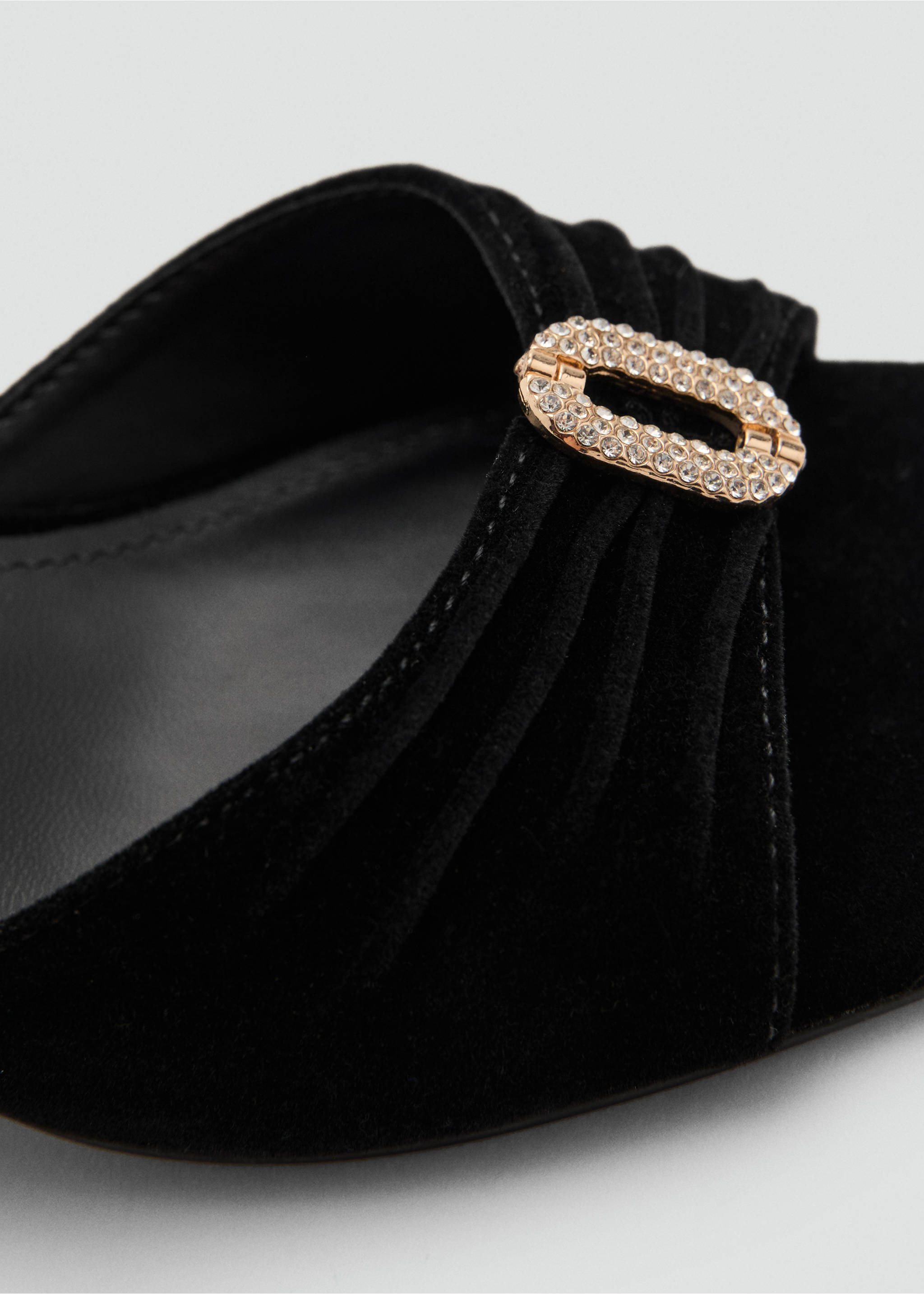 Close-up of black shoe with ruched detail and crystal buckle., Black. Ref: 17087760-00.