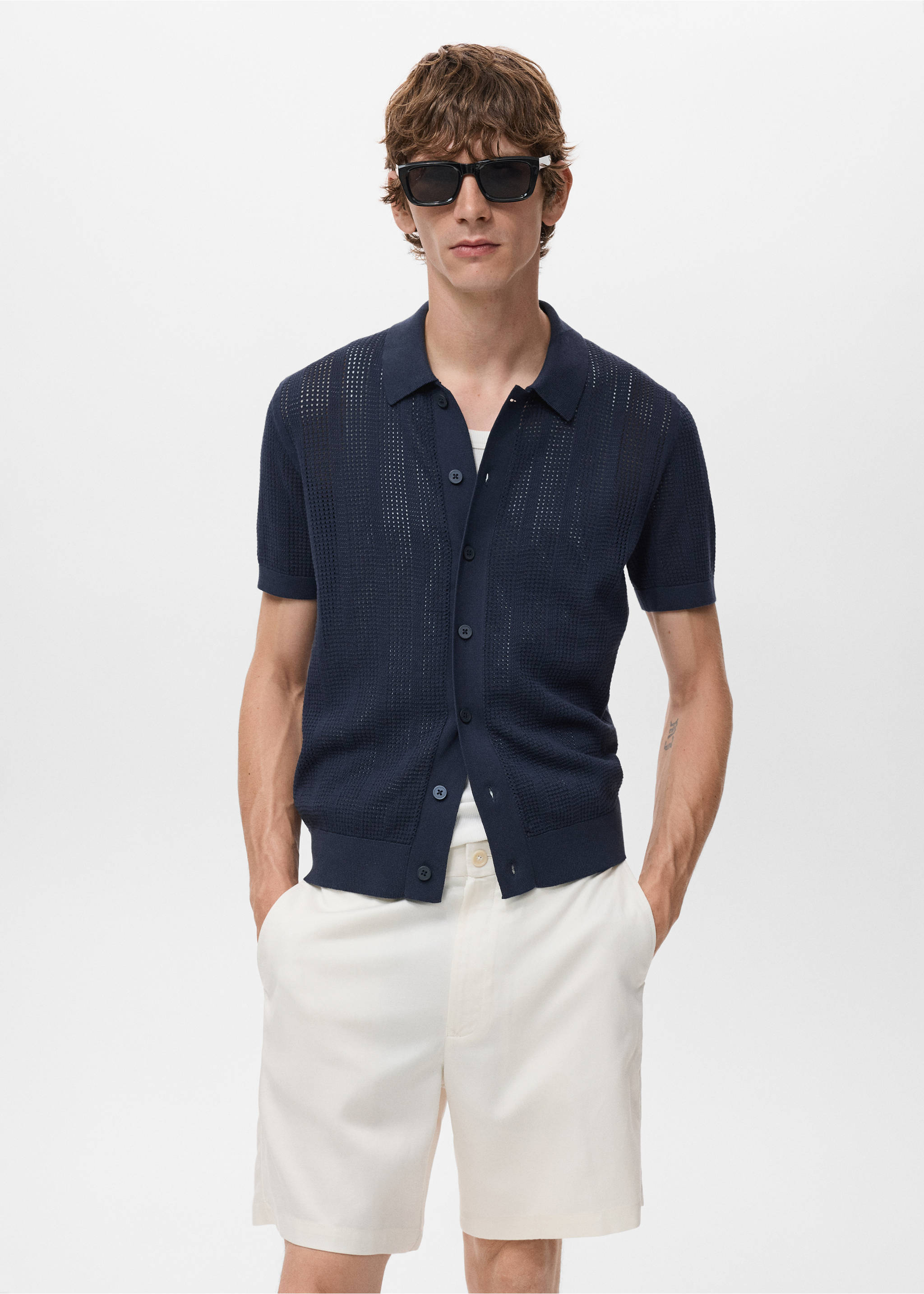 Striped openwork knitted shirt - Medium plane, Navy. Ref: 17087761-00.