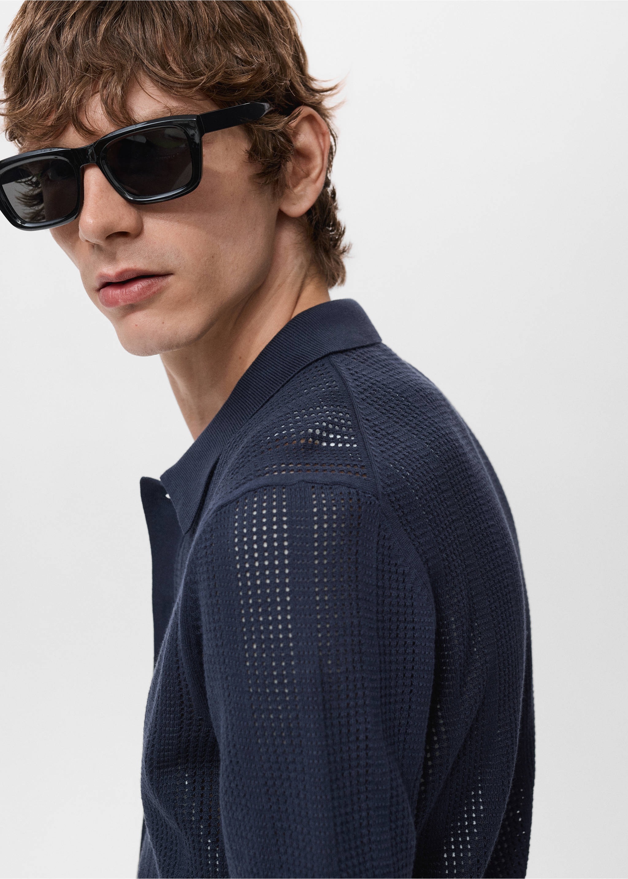 Striped openwork knitted shirt - Details of the article 1, Navy. Ref: 17087761-00.