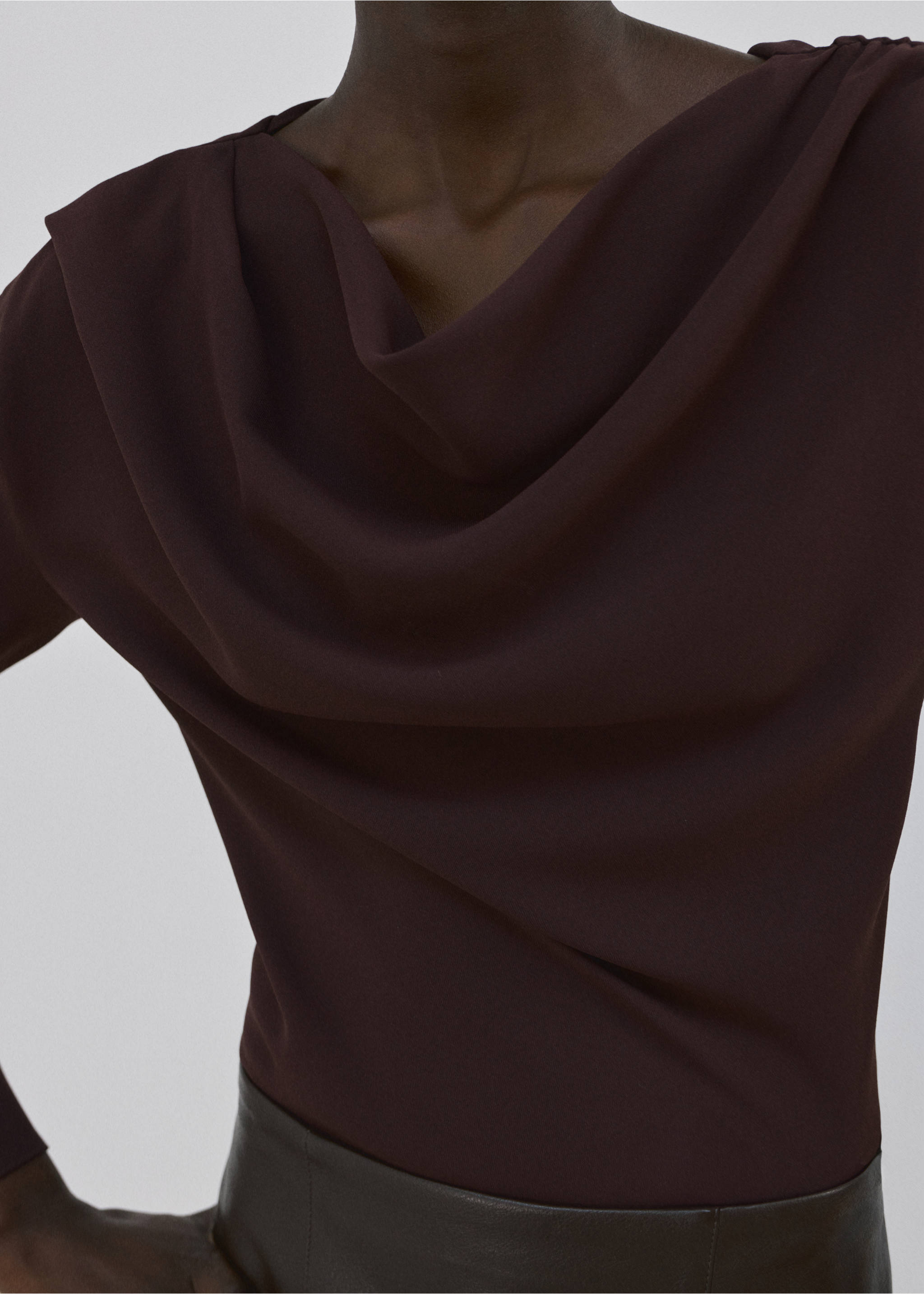 Dark burgundy blouse with a draped cowl neckline and long sleeves., Brown. Ref: 17087791-00.