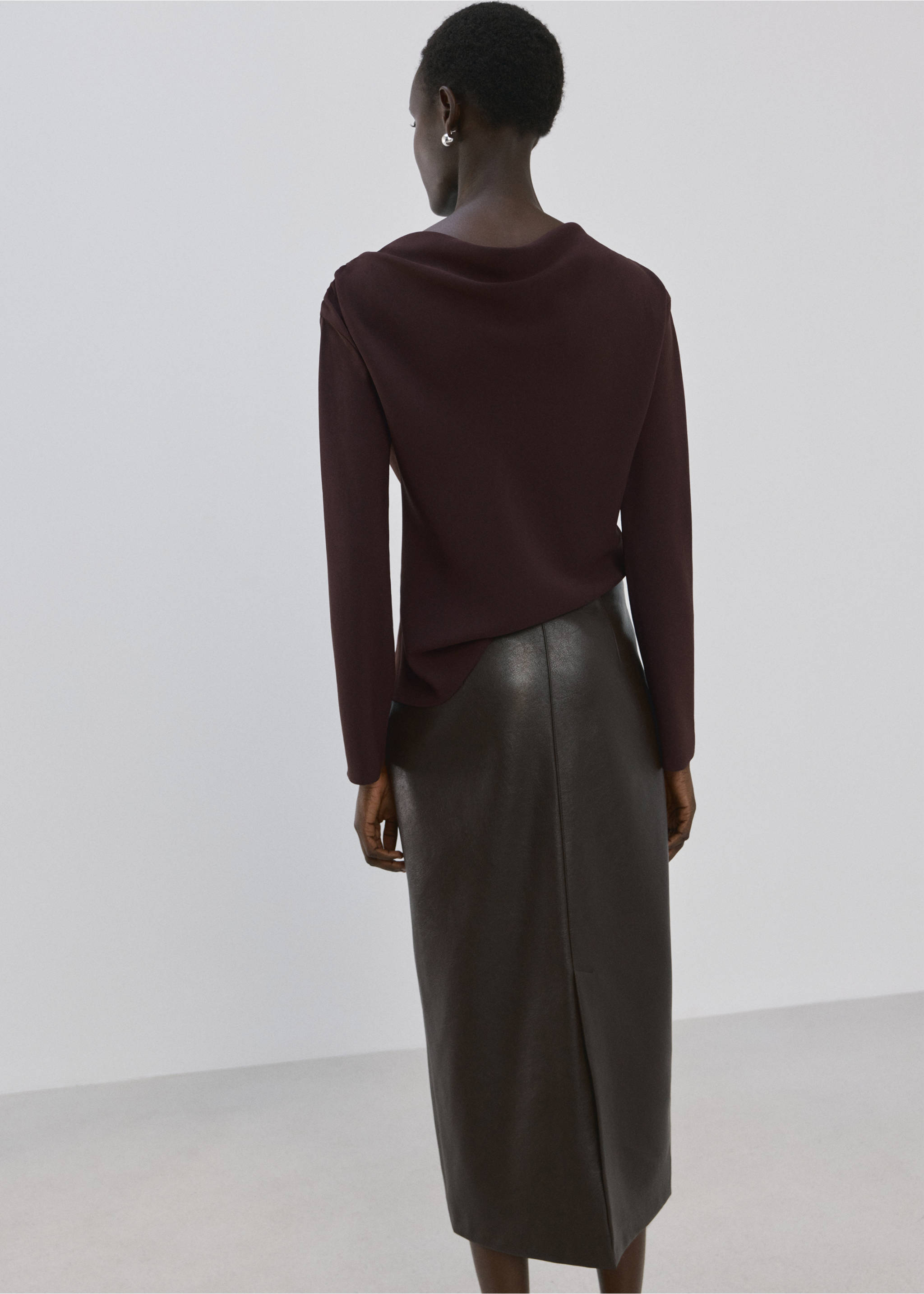 Plum long-sleeved blouse with a draped cowl back, shown from the back., Brown. Ref: 17087791-00.
