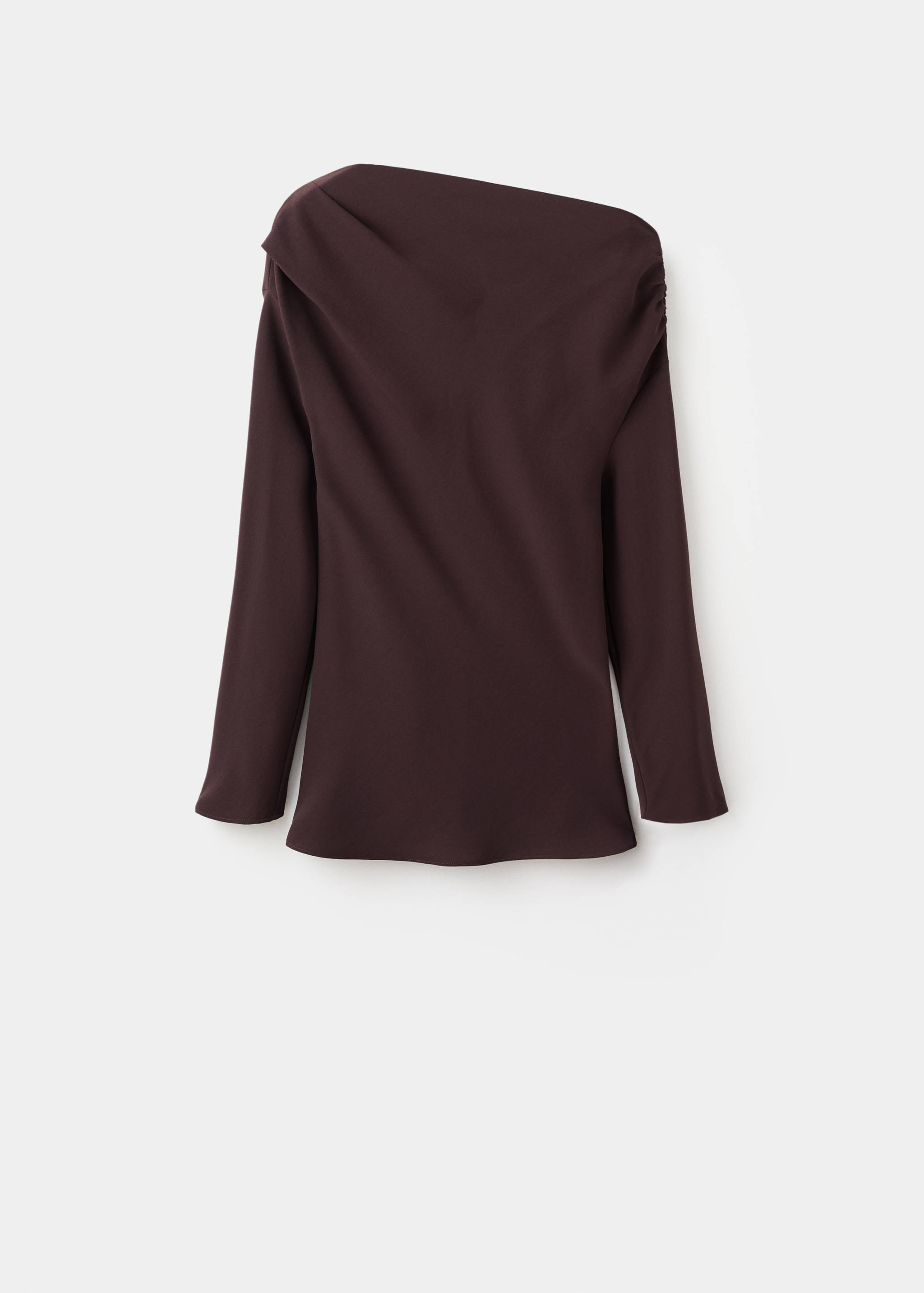 Dark burgundy blouse with long sleeves and an asymmetrical draped neckline.