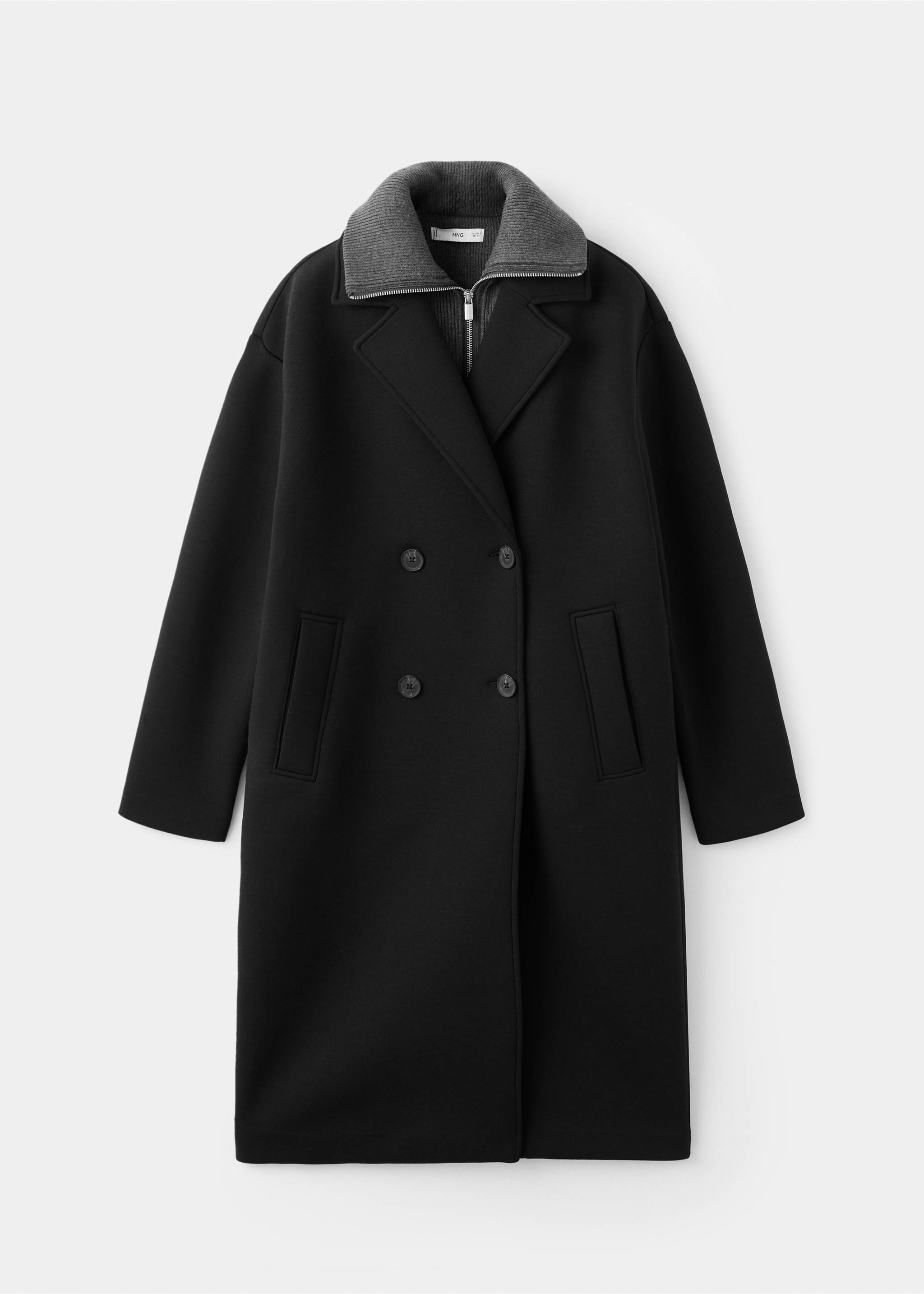 Black double-breasted coat with a grey ribbed knit high collar and half zip., Black. Ref: 17087801-00.