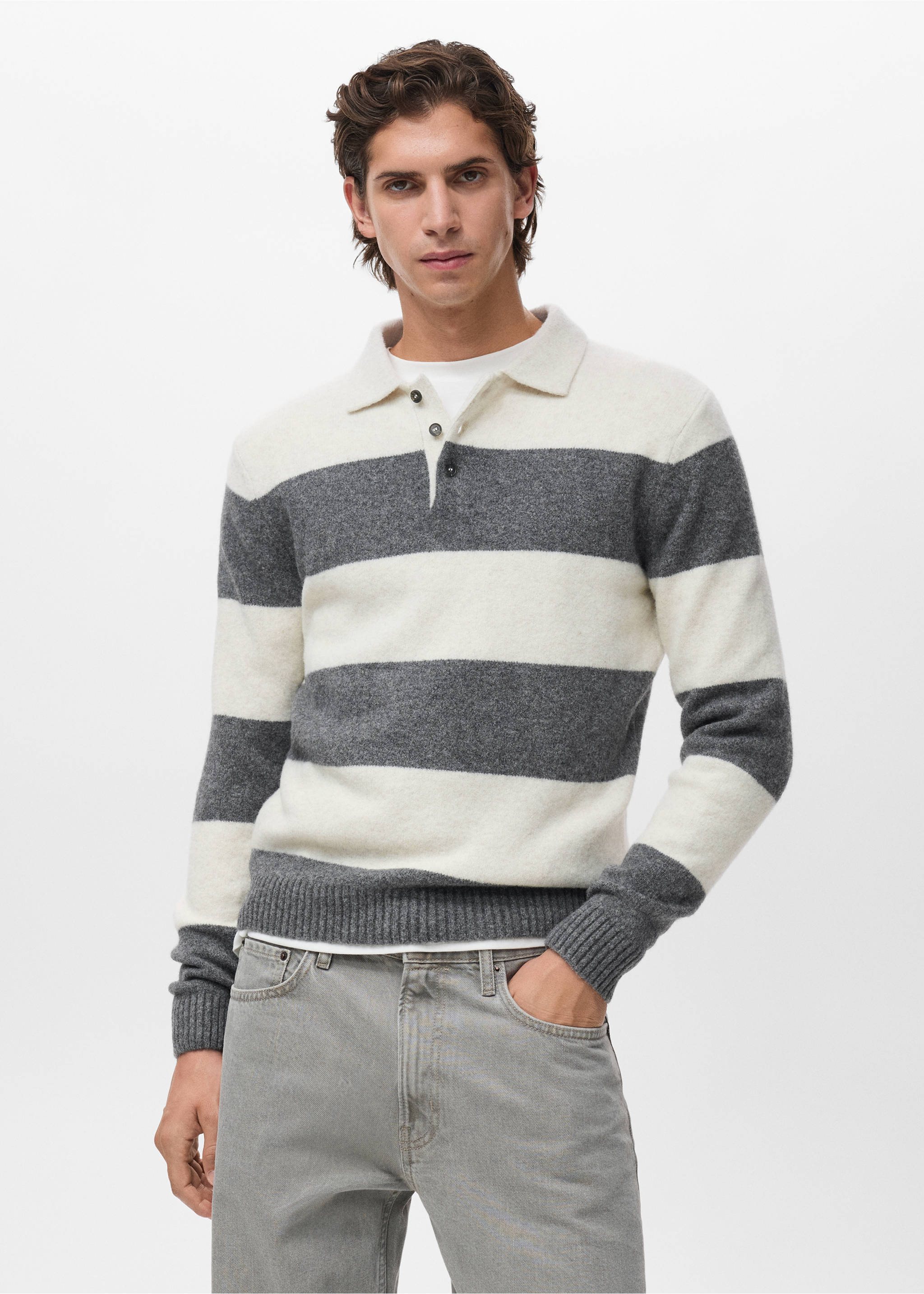 Knitted wool blend polo sweater - Medium plane, Ecru. Ref: 17087895-00.
