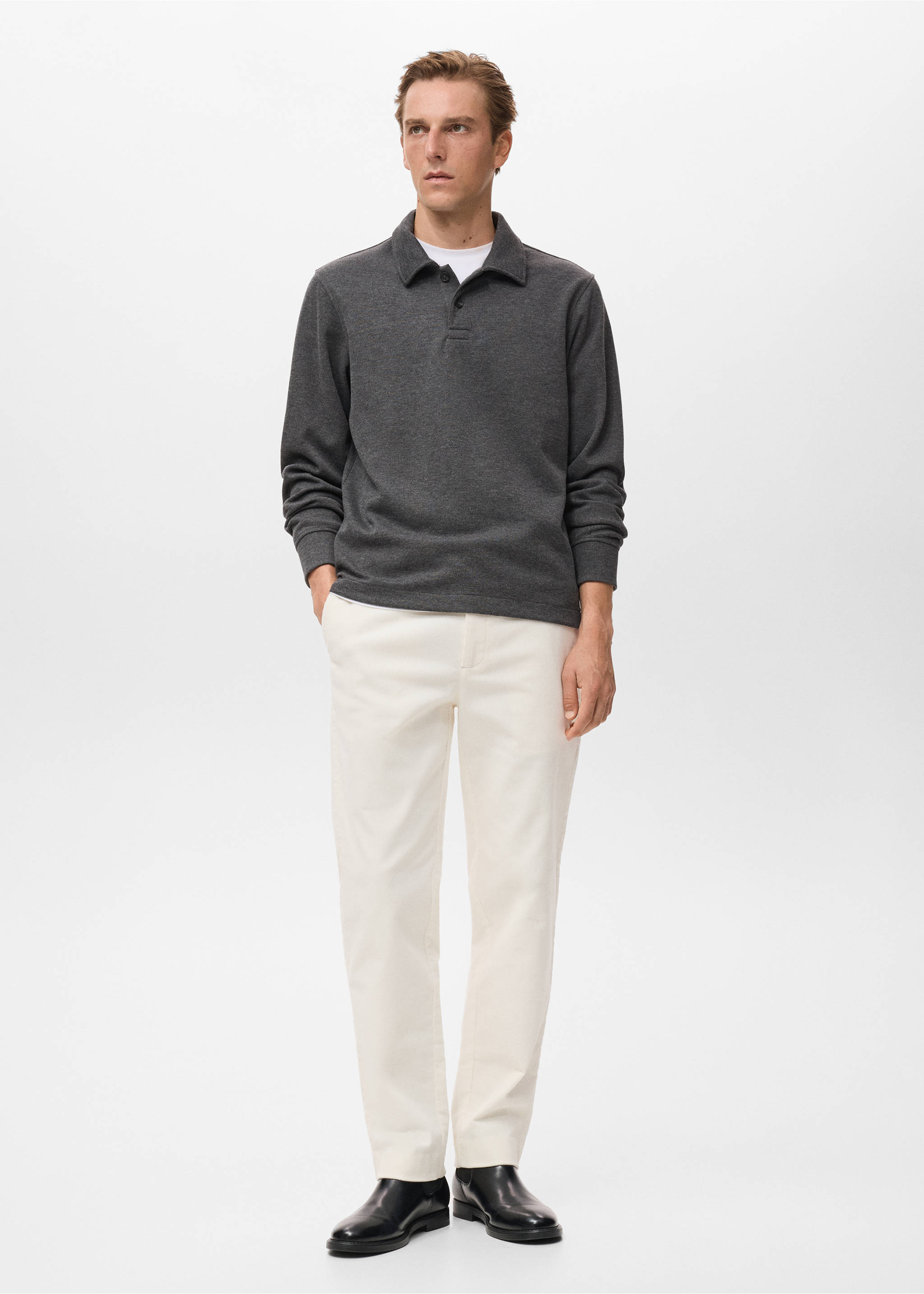 Dark grey polo sweatshirt with collar and white trousers., Charcoal. Ref: 17087897-00.