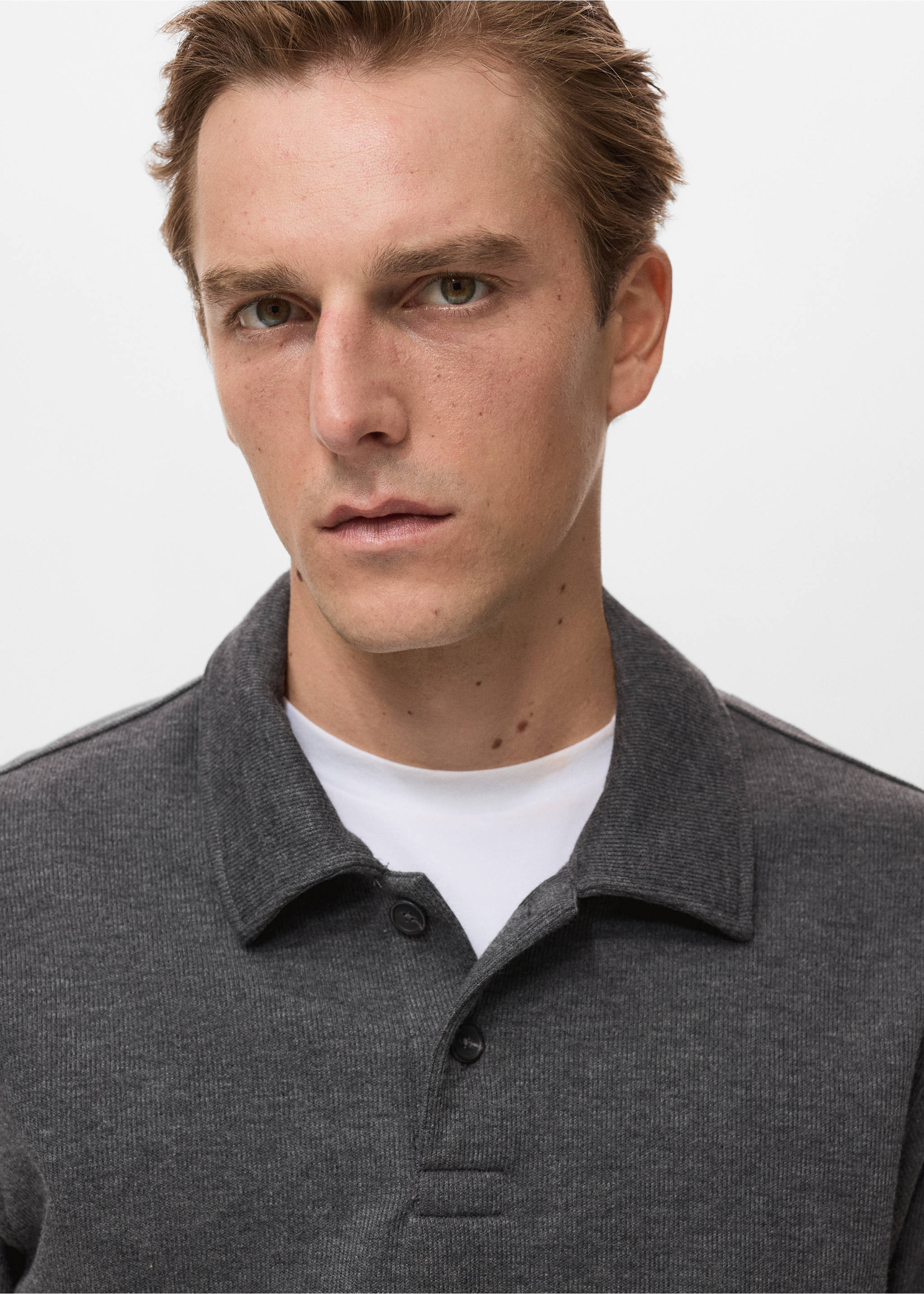 Dark grey polo sweatshirt with a collared neck and button placket., Charcoal. Ref: 17087897-00.