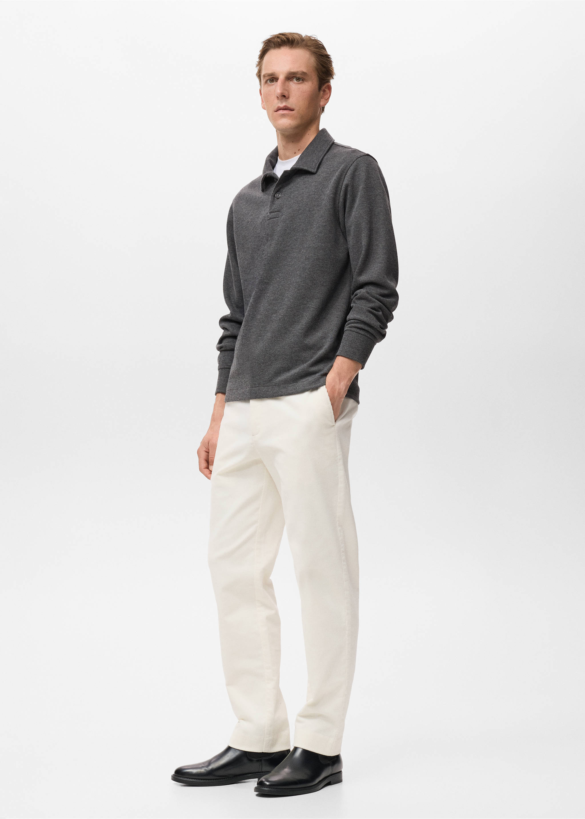 Dark grey polo sweatshirt with long sleeves and a button placket., Charcoal. Ref: 17087897-00.