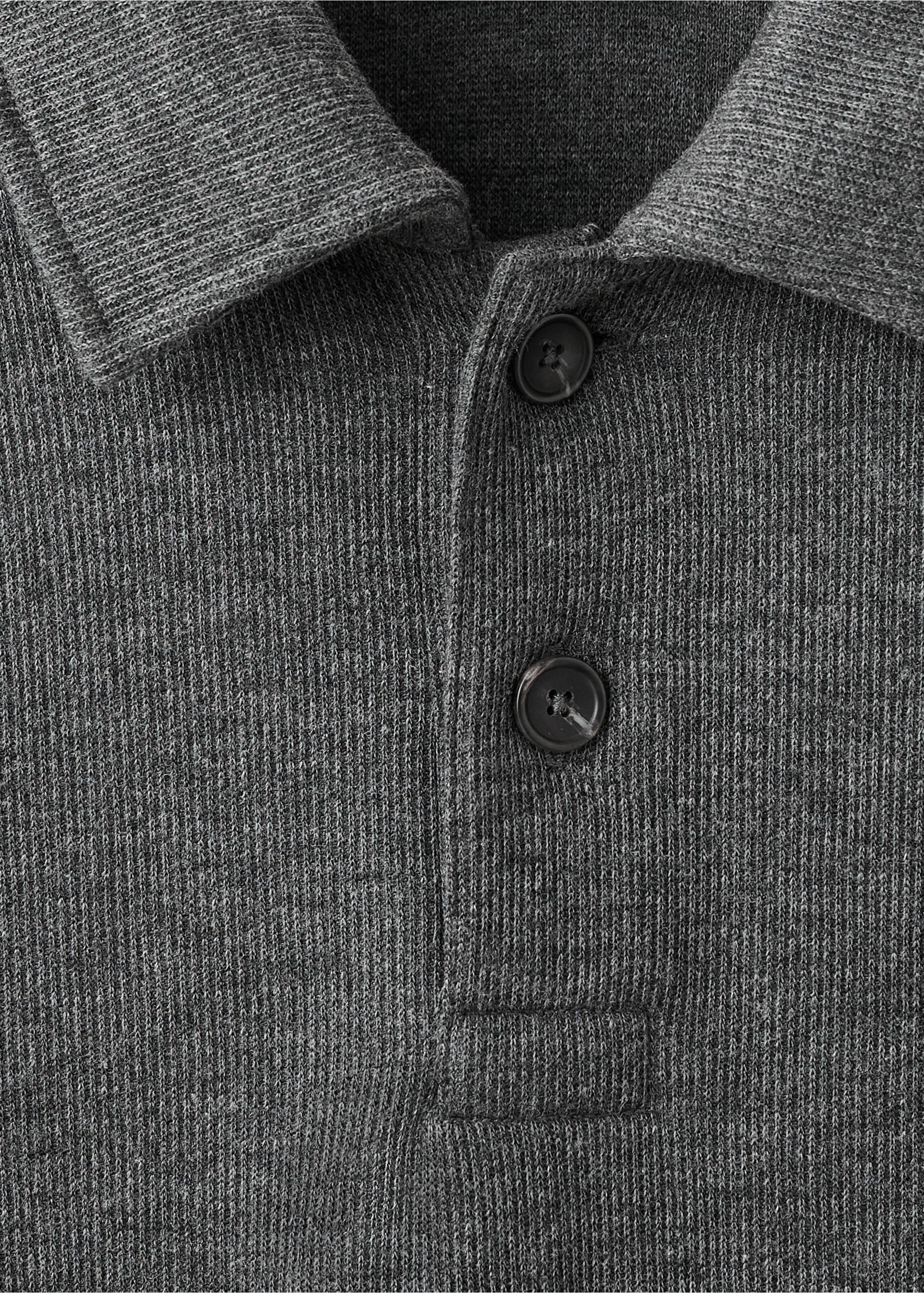 Close-up of a dark grey knitted sweatshirt with a polo collar and button placket., Charcoal. Ref: 17087897-00.