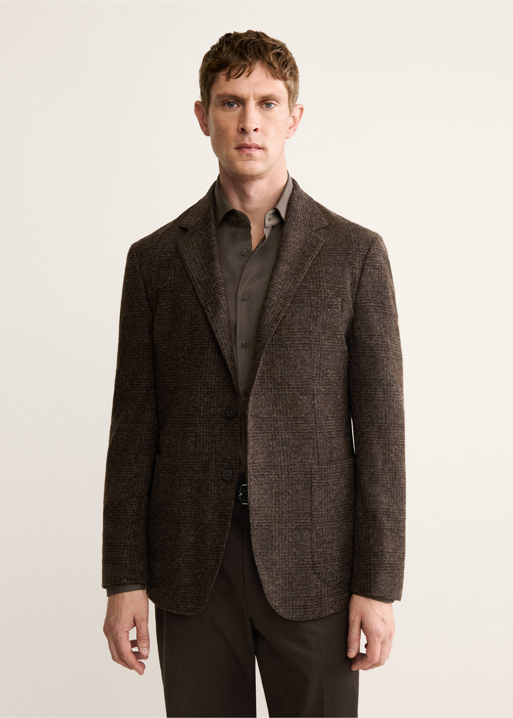Slim-fit micro-check wool-blend jacket - Medium plane, Brown. Ref: 17088272-00.