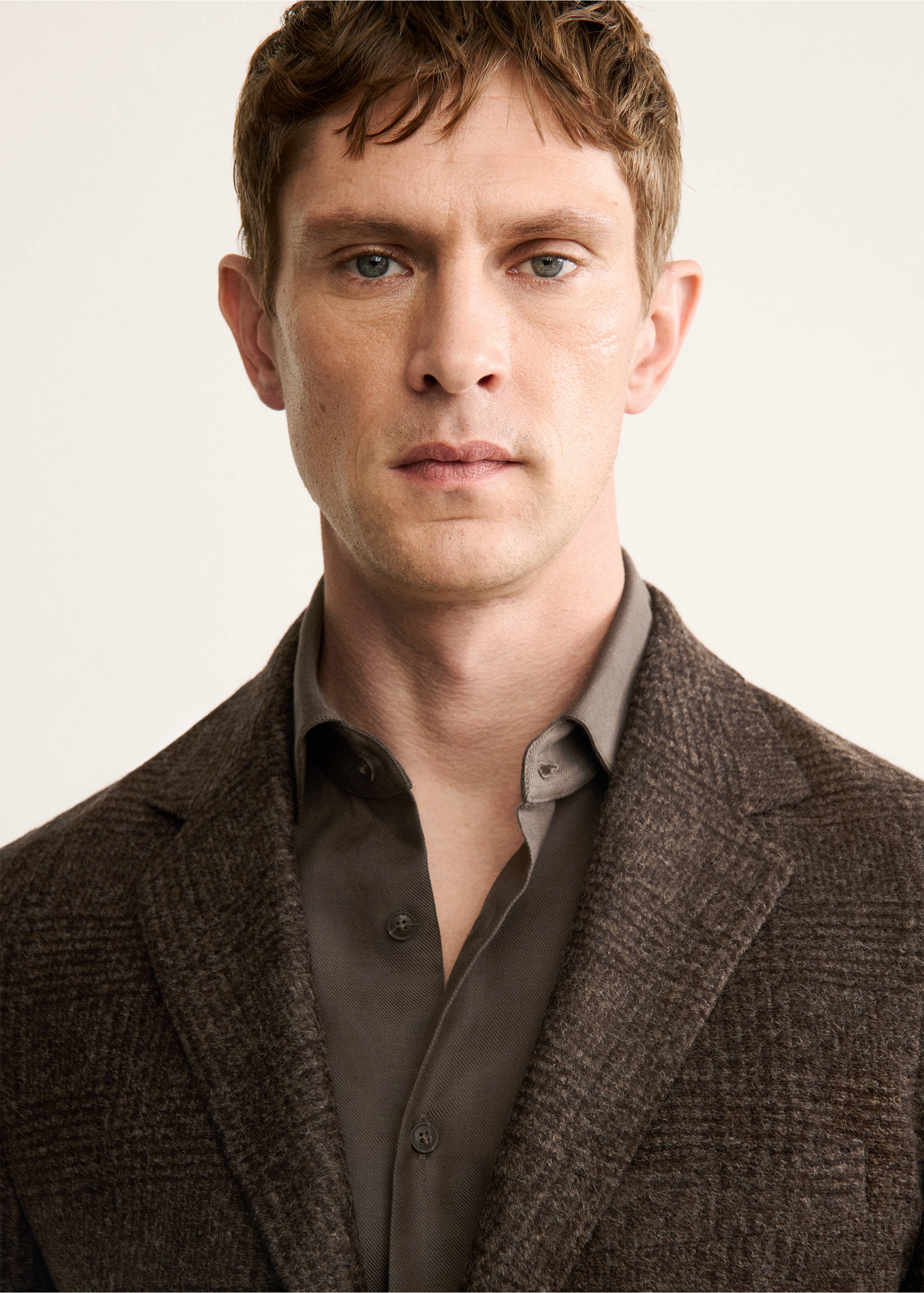 Slim-fit micro-check wool-blend jacket - Details of the article 1, Brown. Ref: 17088272-00.