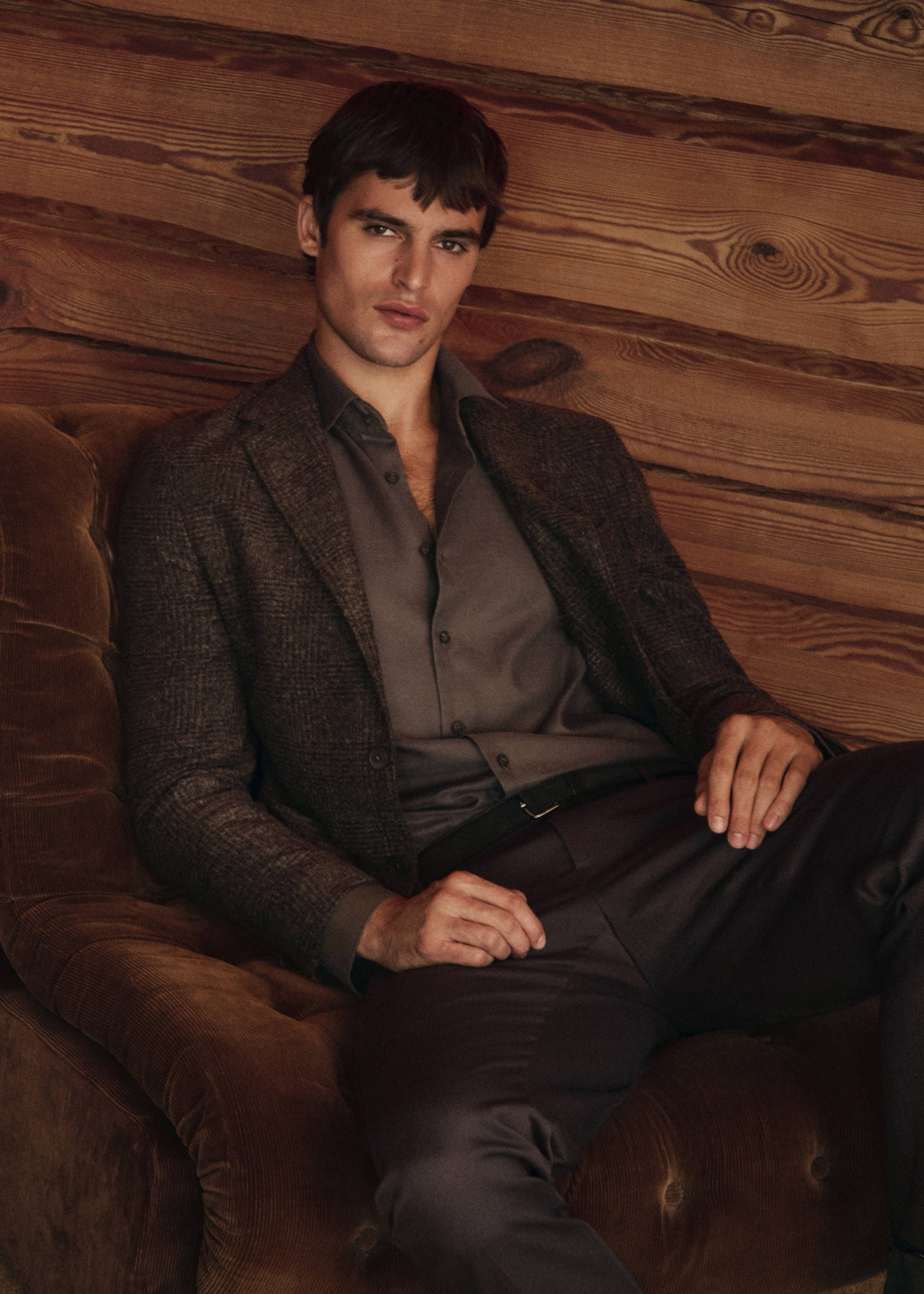 Slim-fit micro-check wool-blend jacket - Details of the article 3, Brown. Ref: 17088272-00.