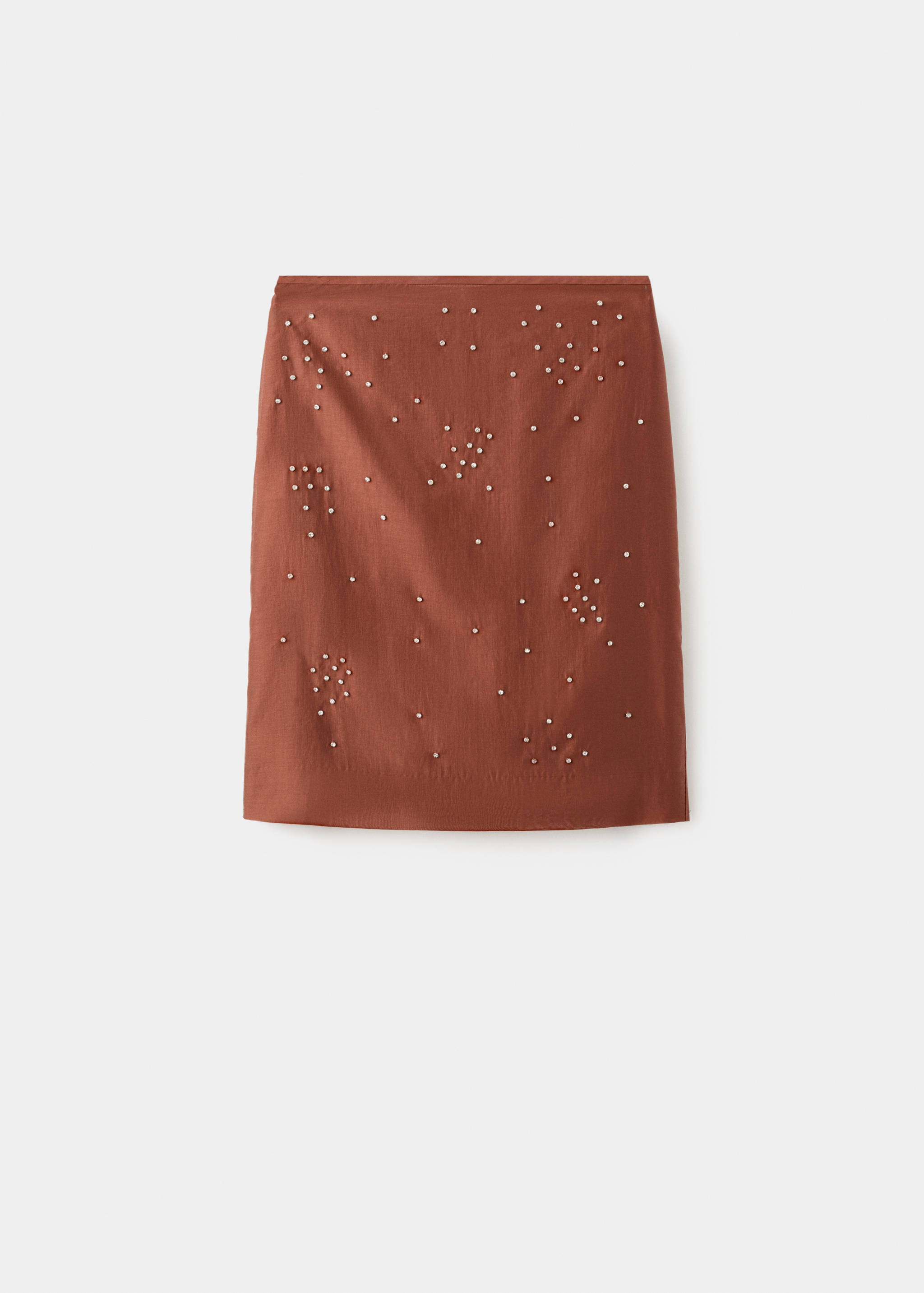 Terracotta brown mini skirt with scattered rhinestone embellishments.