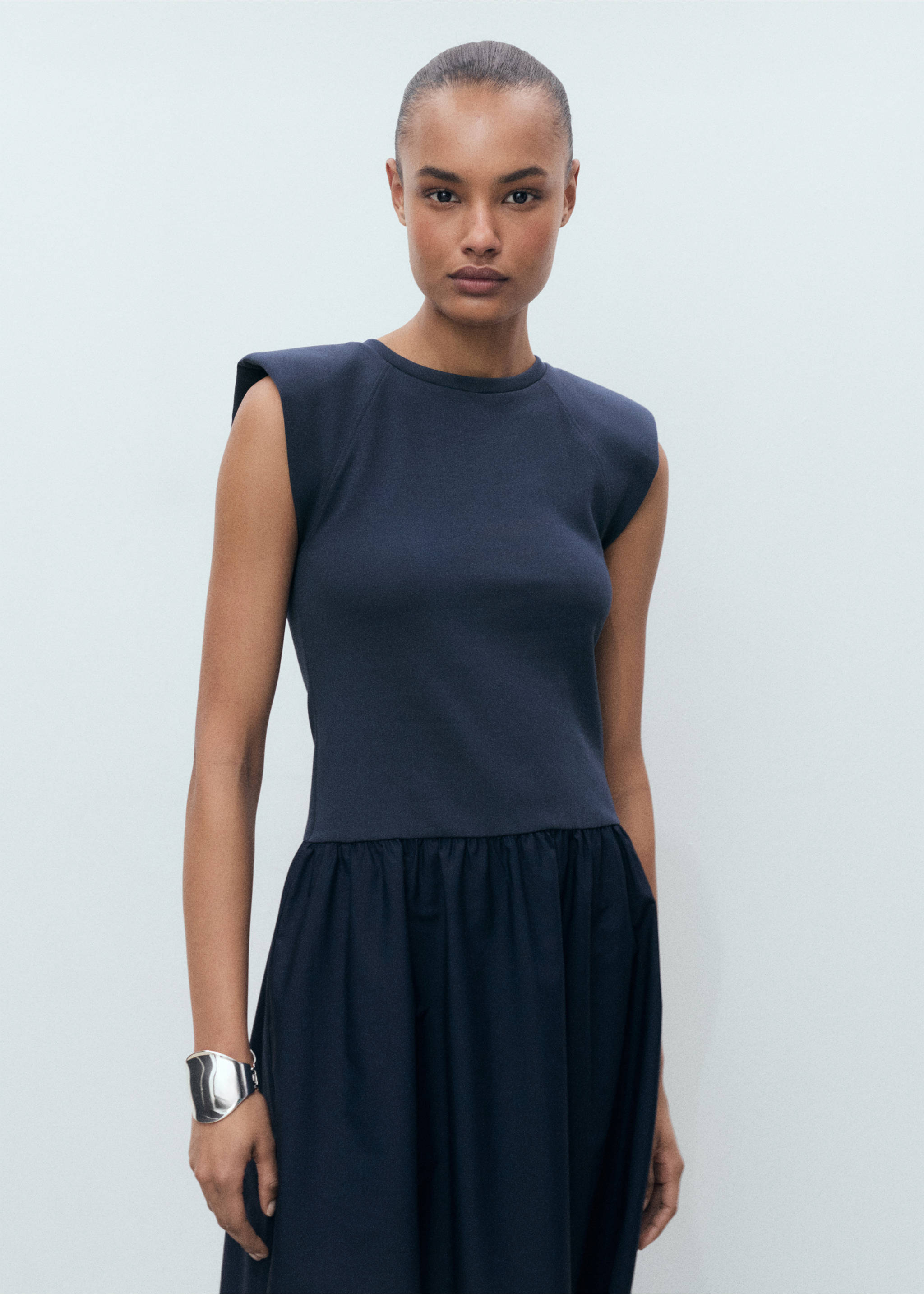 Combined fabric midi-dress - Medium plane, Navy. Ref: 17091150-00.