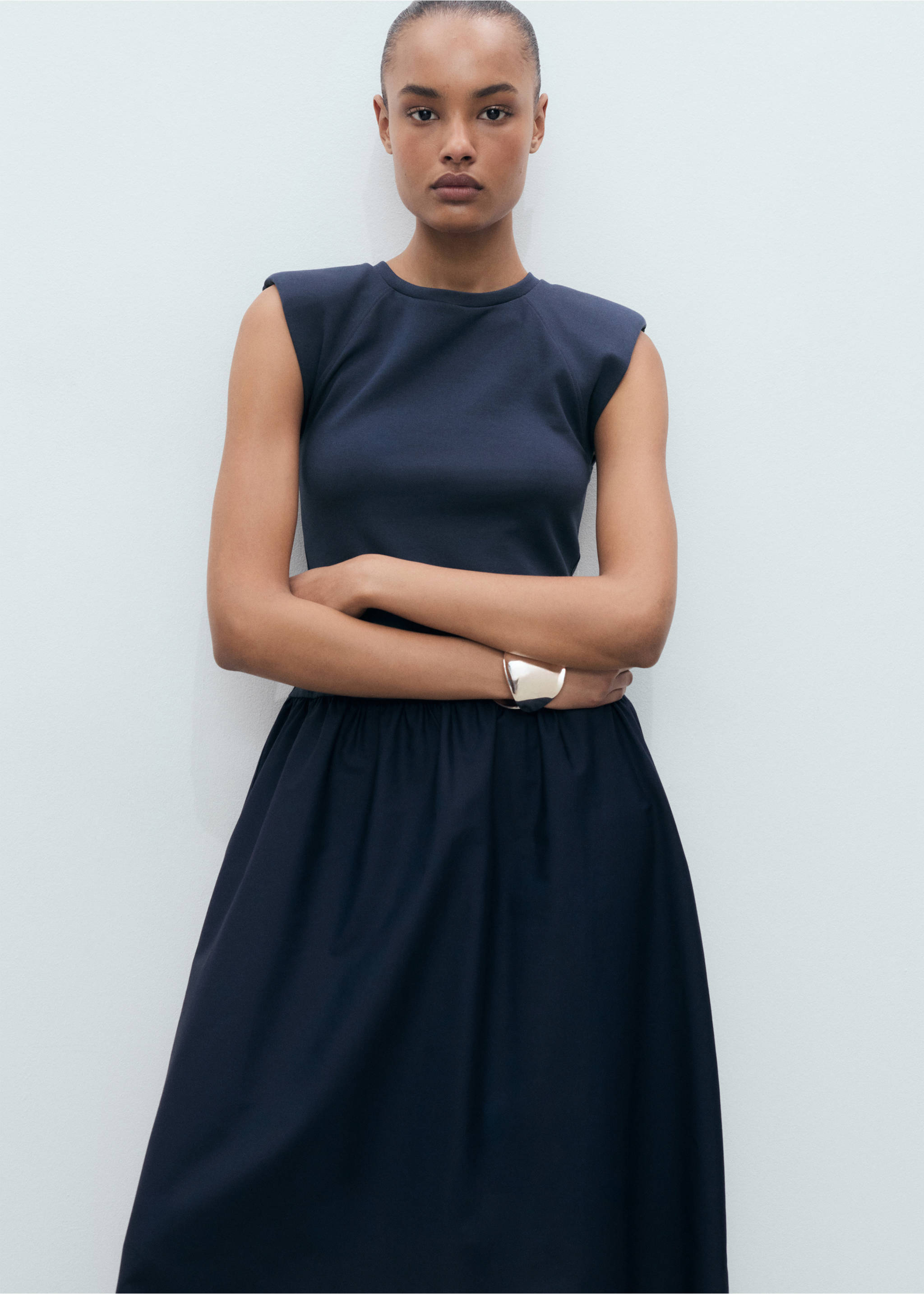 Combined fabric midi-dress - Details of the article 2, Navy. Ref: 17091150-00.