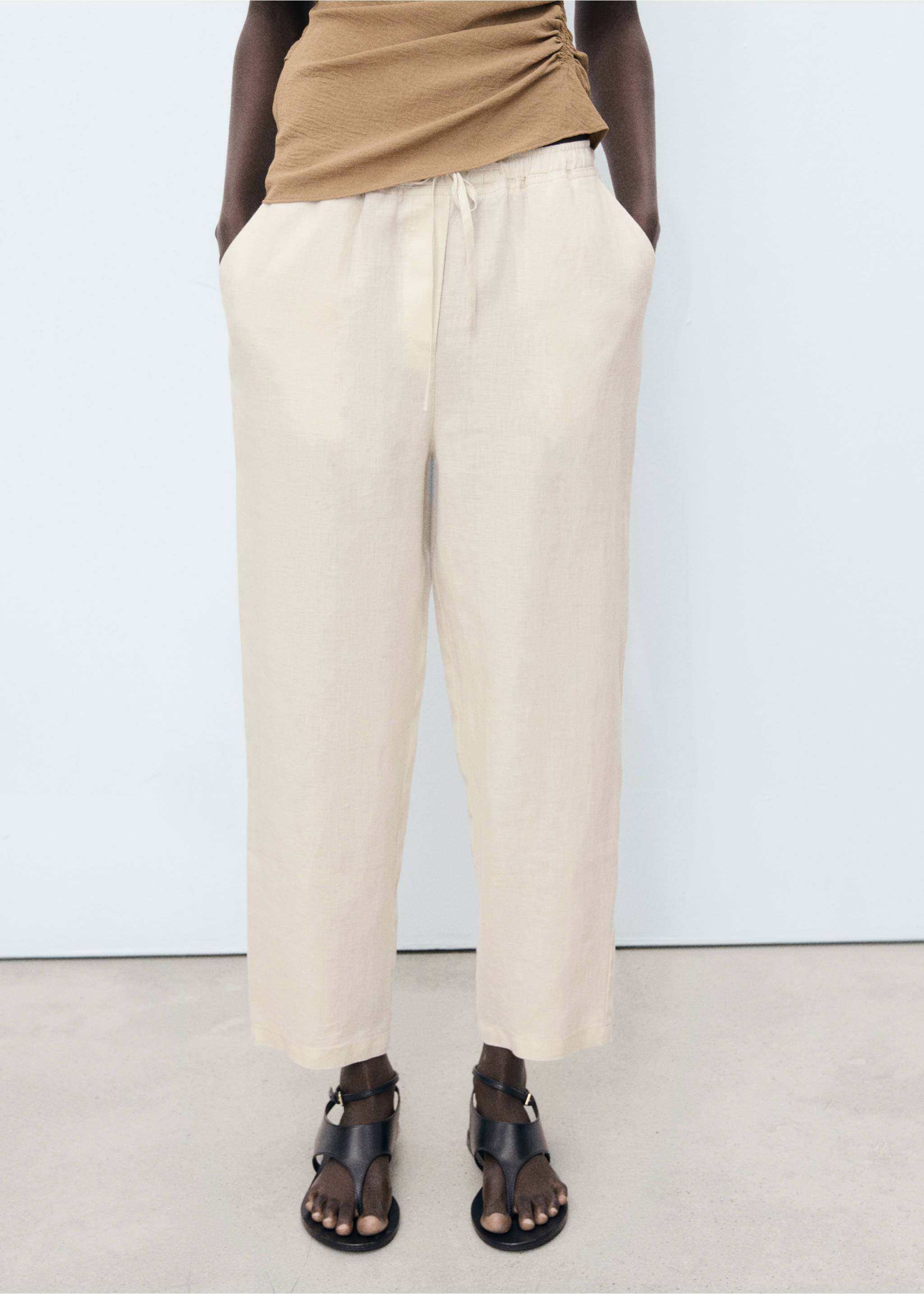 Linen trousers with drawstring - Medium plane, Light/Pastel Grey. Ref: 17091162-00.