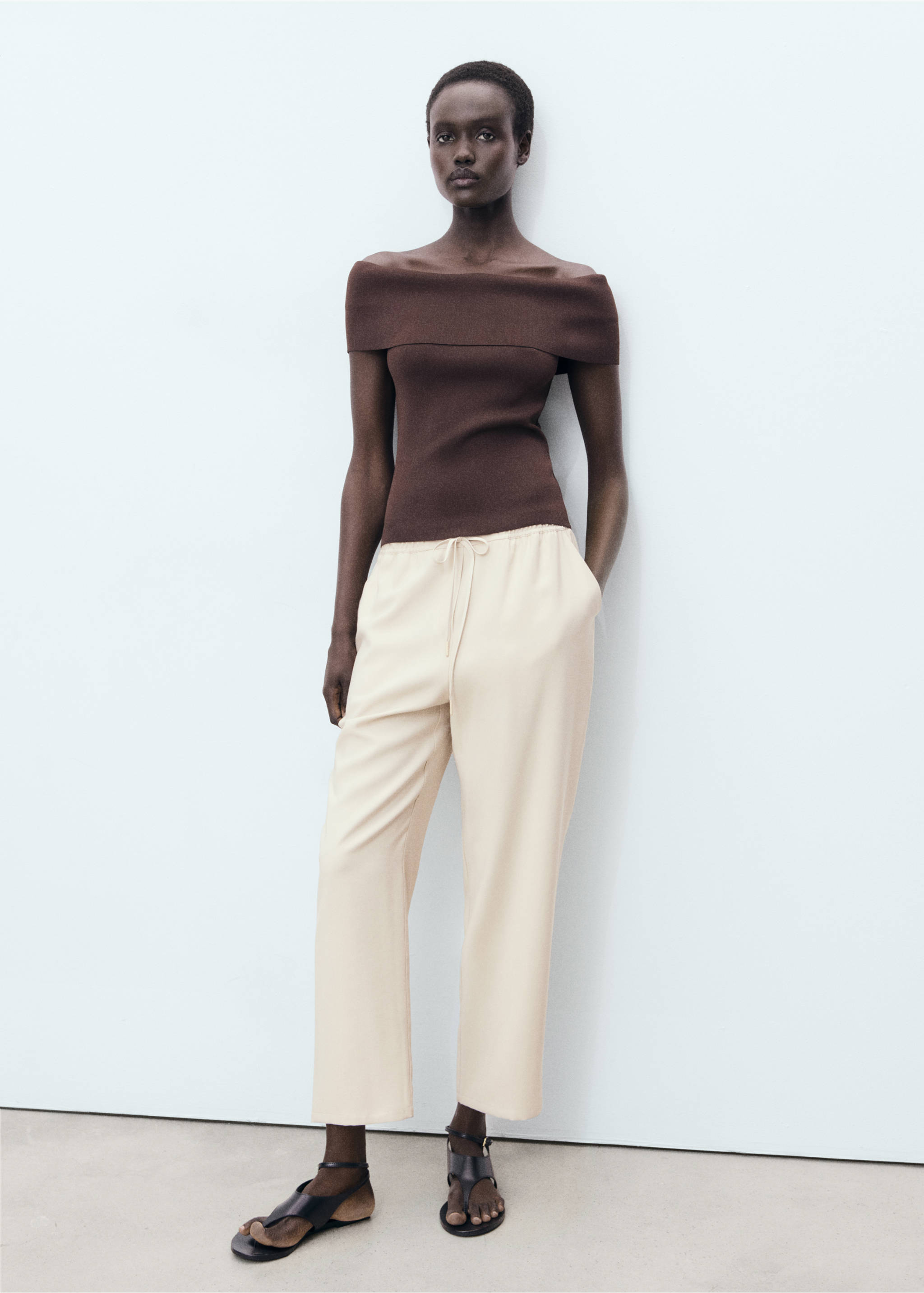 Pantalón fluido cordón - Plano general, Beige. Ref: 17091171-00.