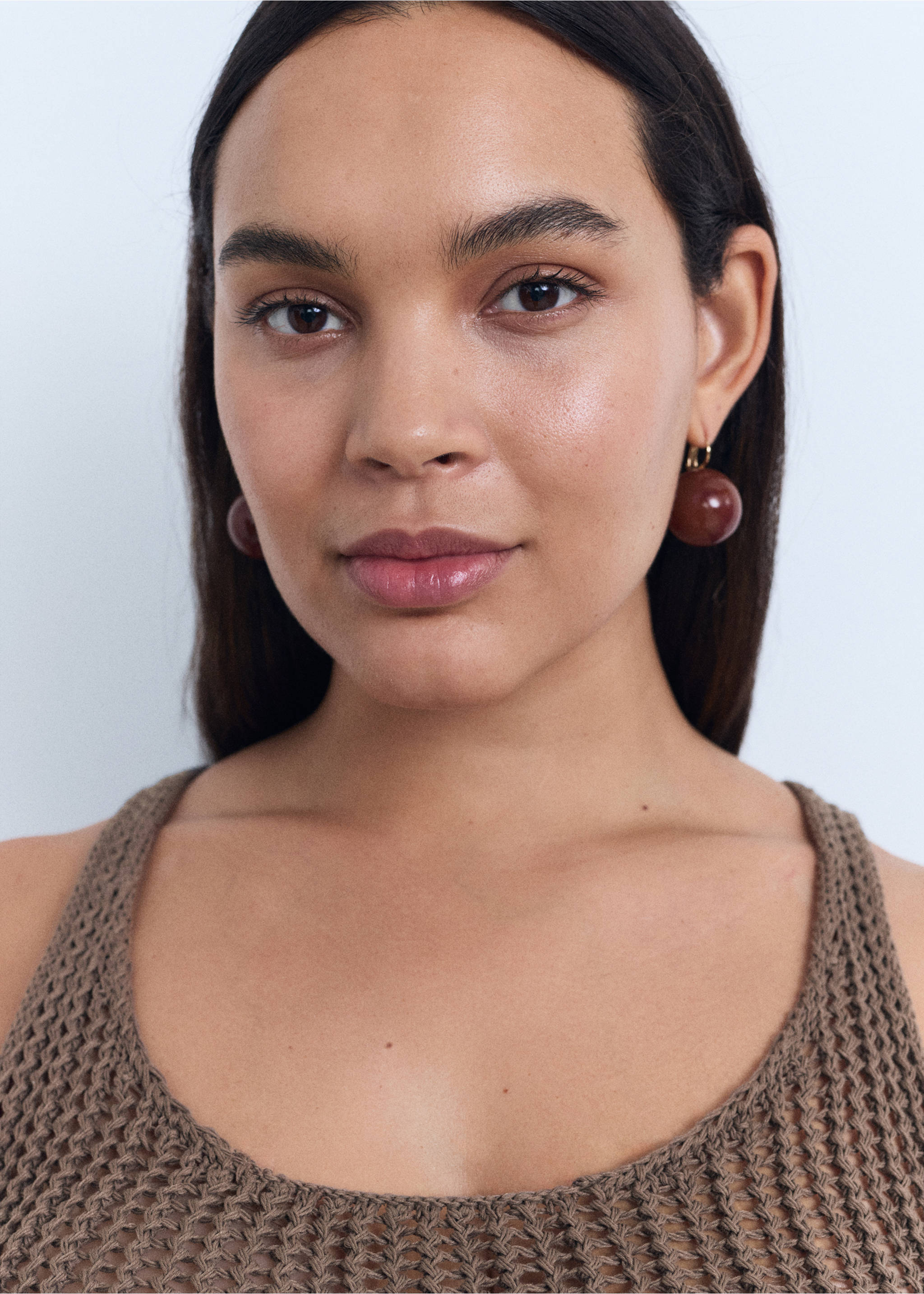 Brown knitted top with a crochet texture and scoop neckline., Medium Brown. Ref: 17091180-00.