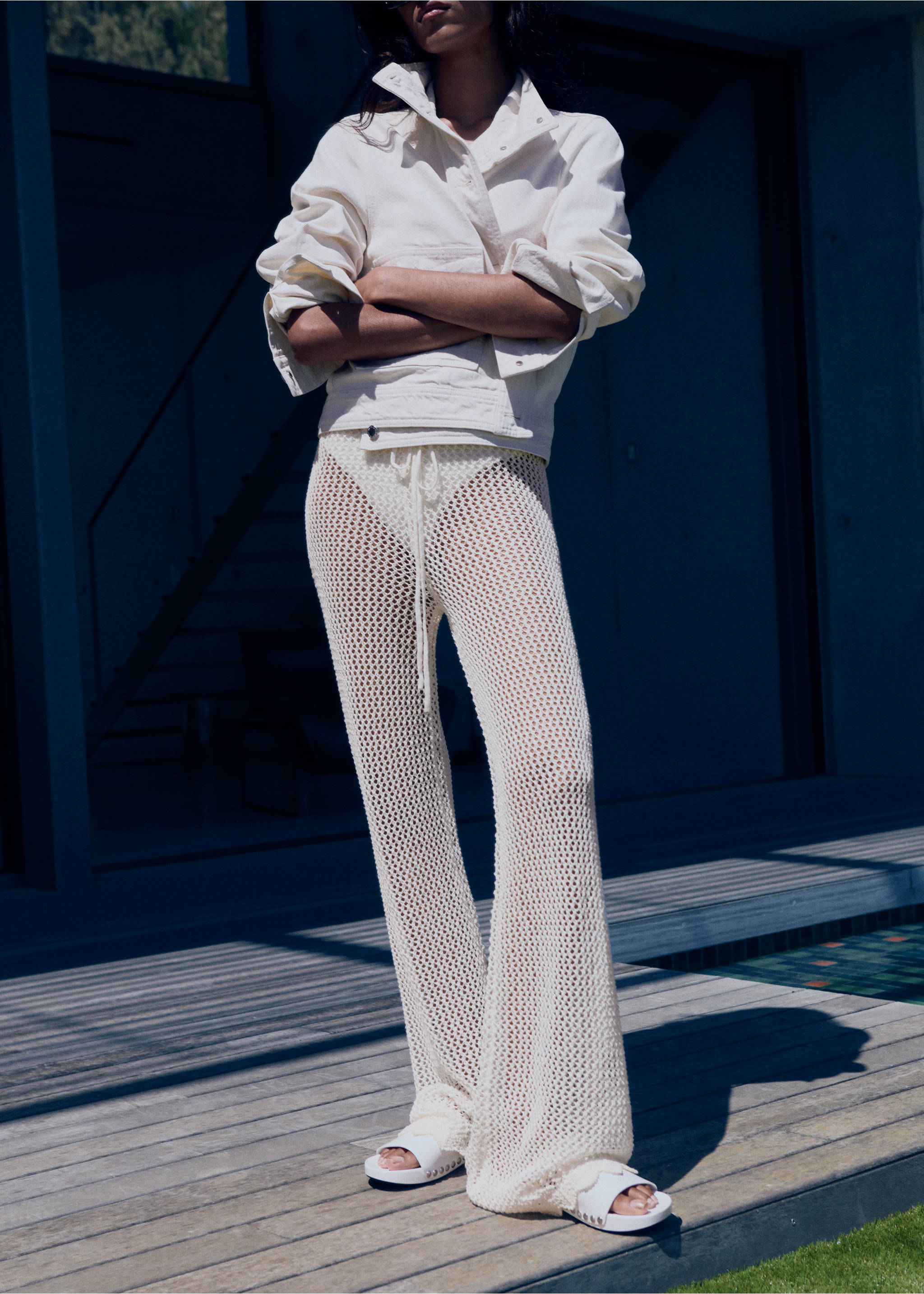 Pantaloni crochet flare - Piano medio, Bianco sporco. Ref: 17091182-00.