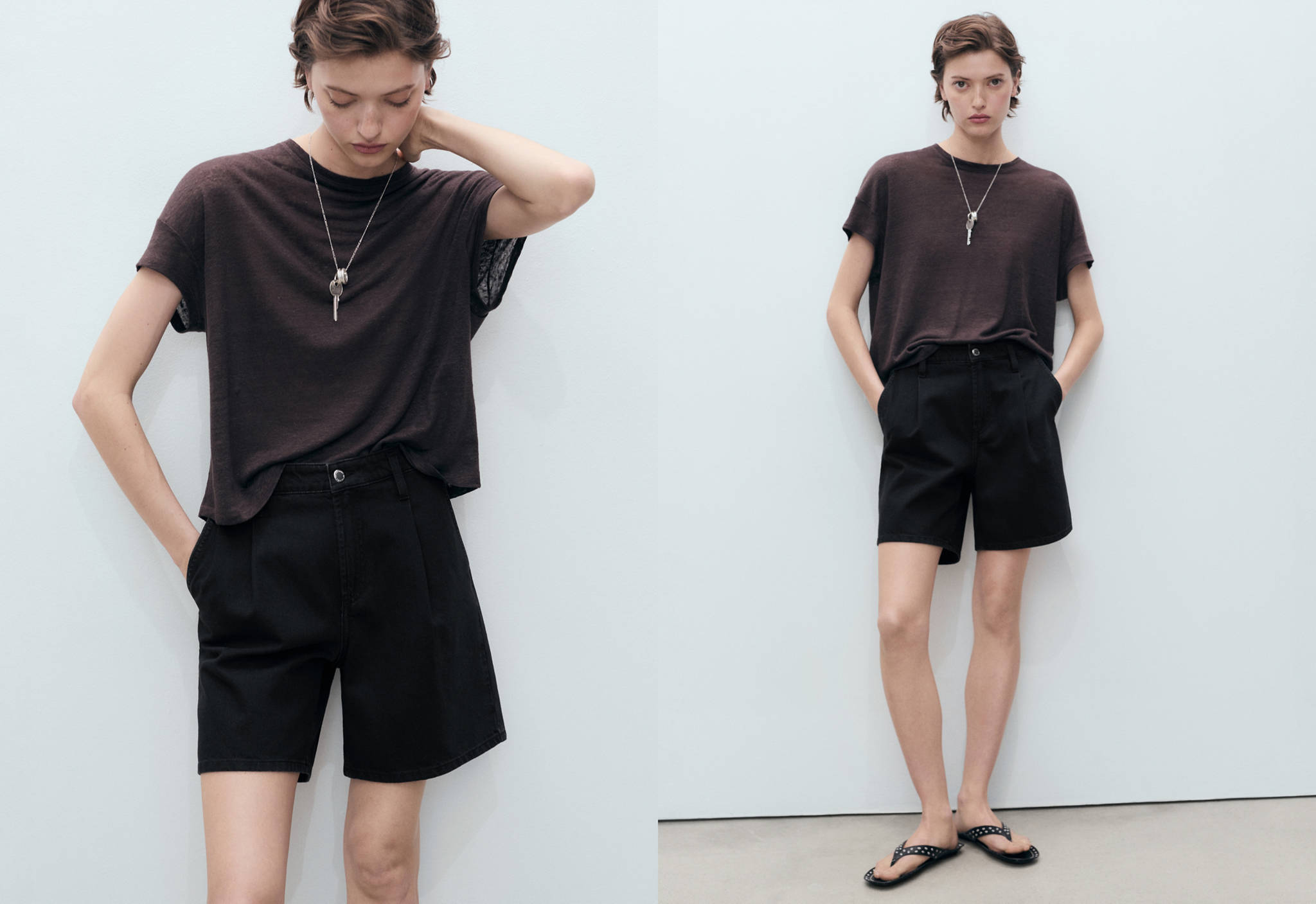 Mid-rise denim bermuda shorts with pleats - Panoramic plane