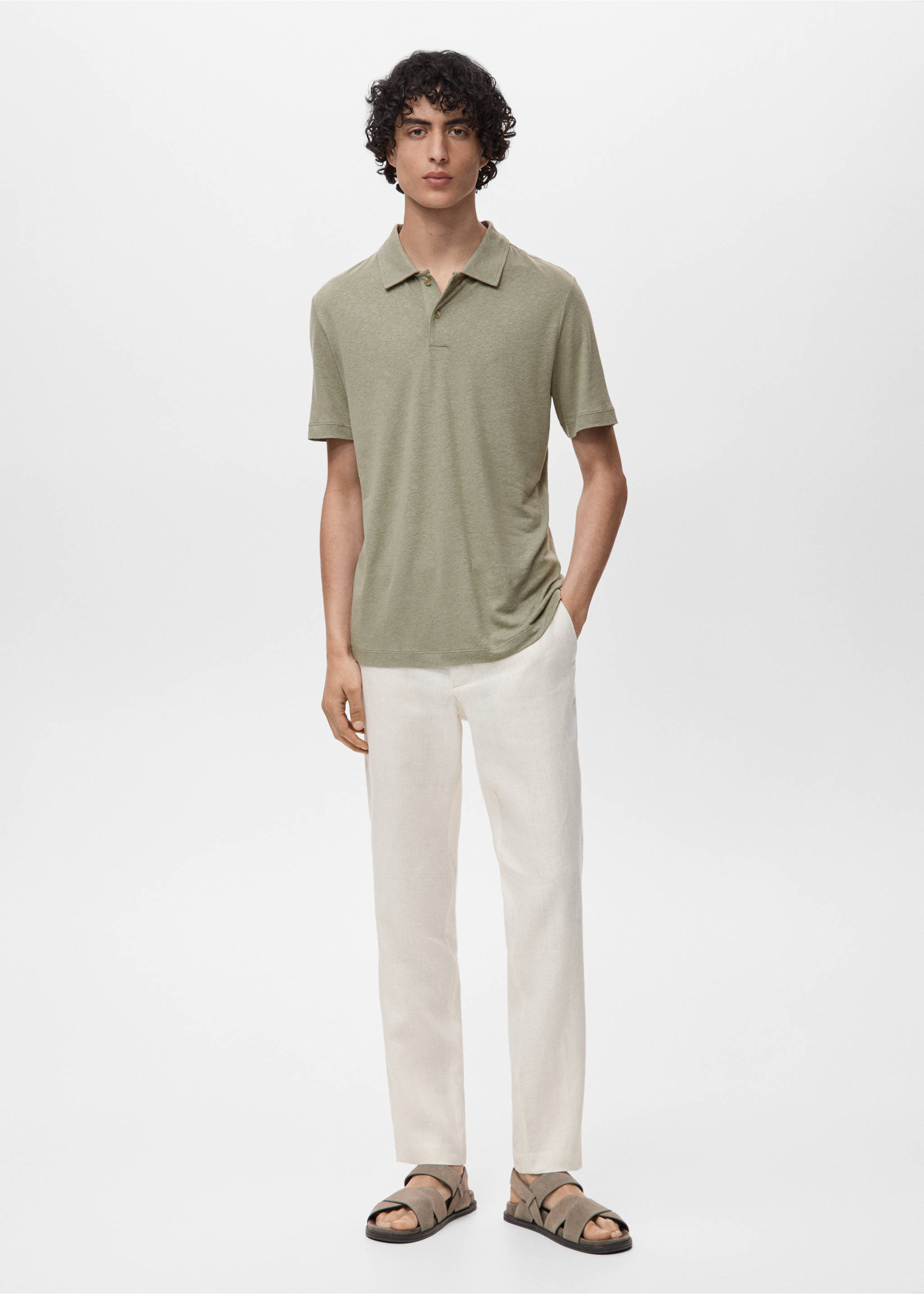 Polo lino slim-fit - Piano generale, Verde medio. Ref: 17091226-00.