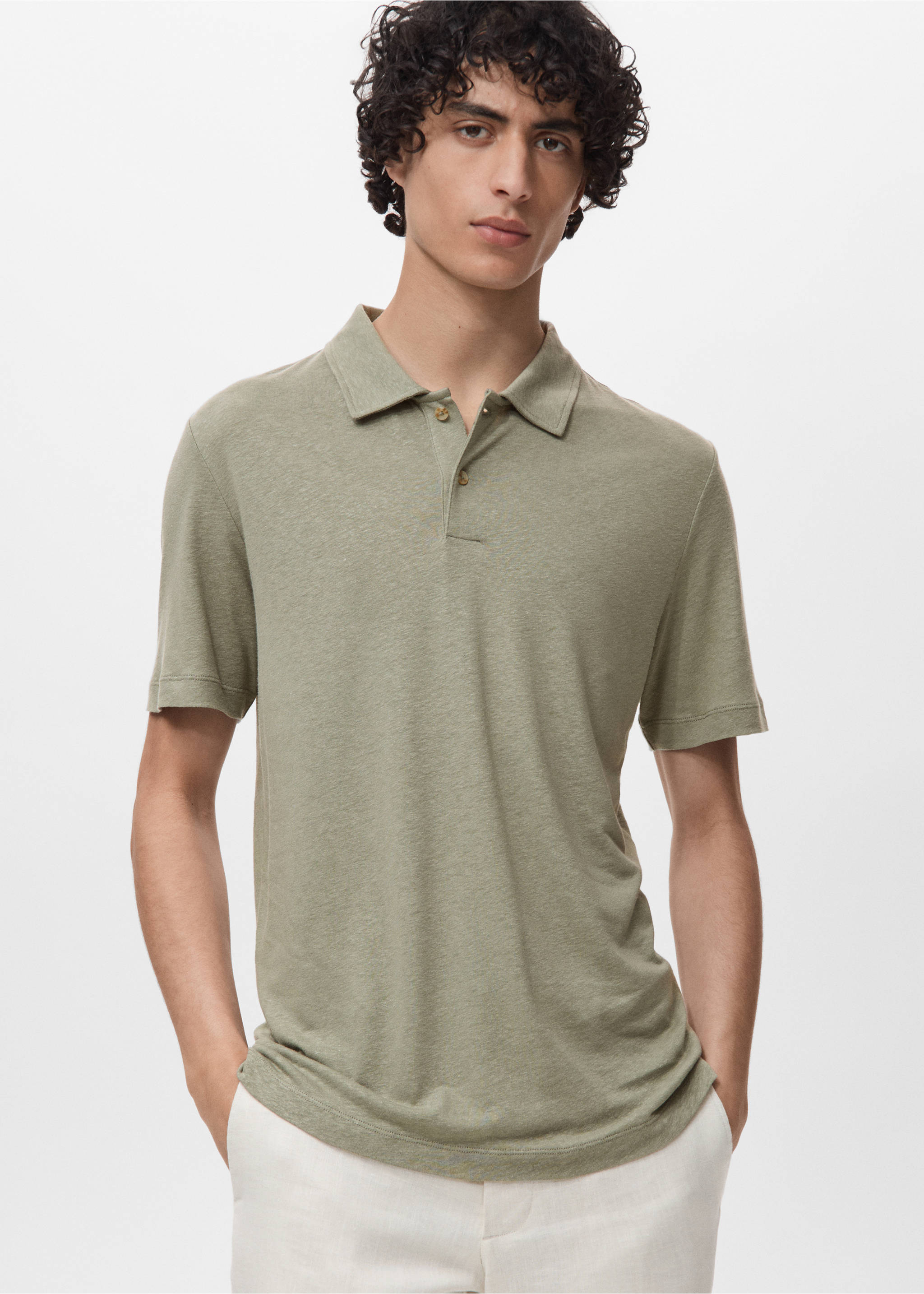 Polo lino slim-fit - Piano medio, Verde medio. Ref: 17091226-00.