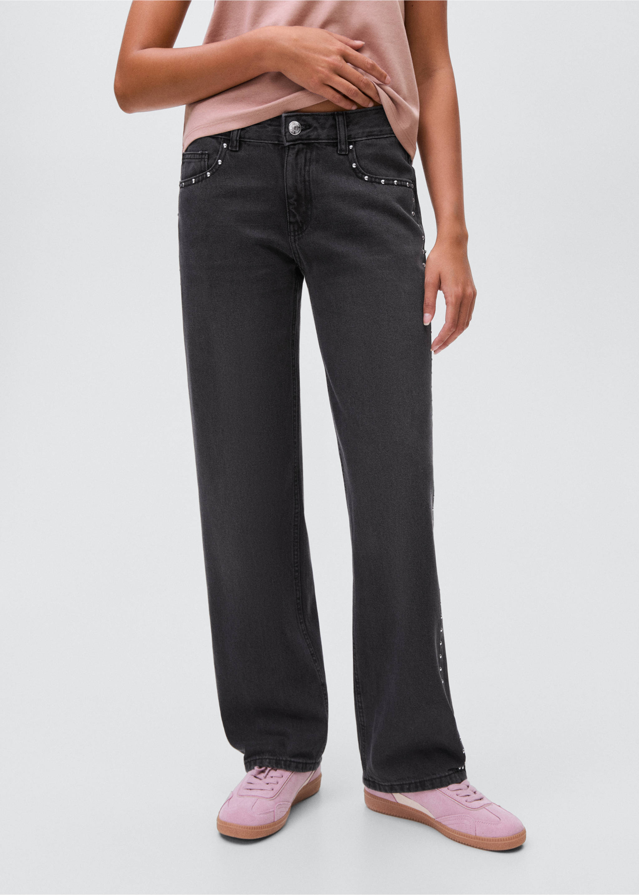 Jeans straight Nieten - Mittlere Ansicht, Black denim. Ref: 17091256-00.