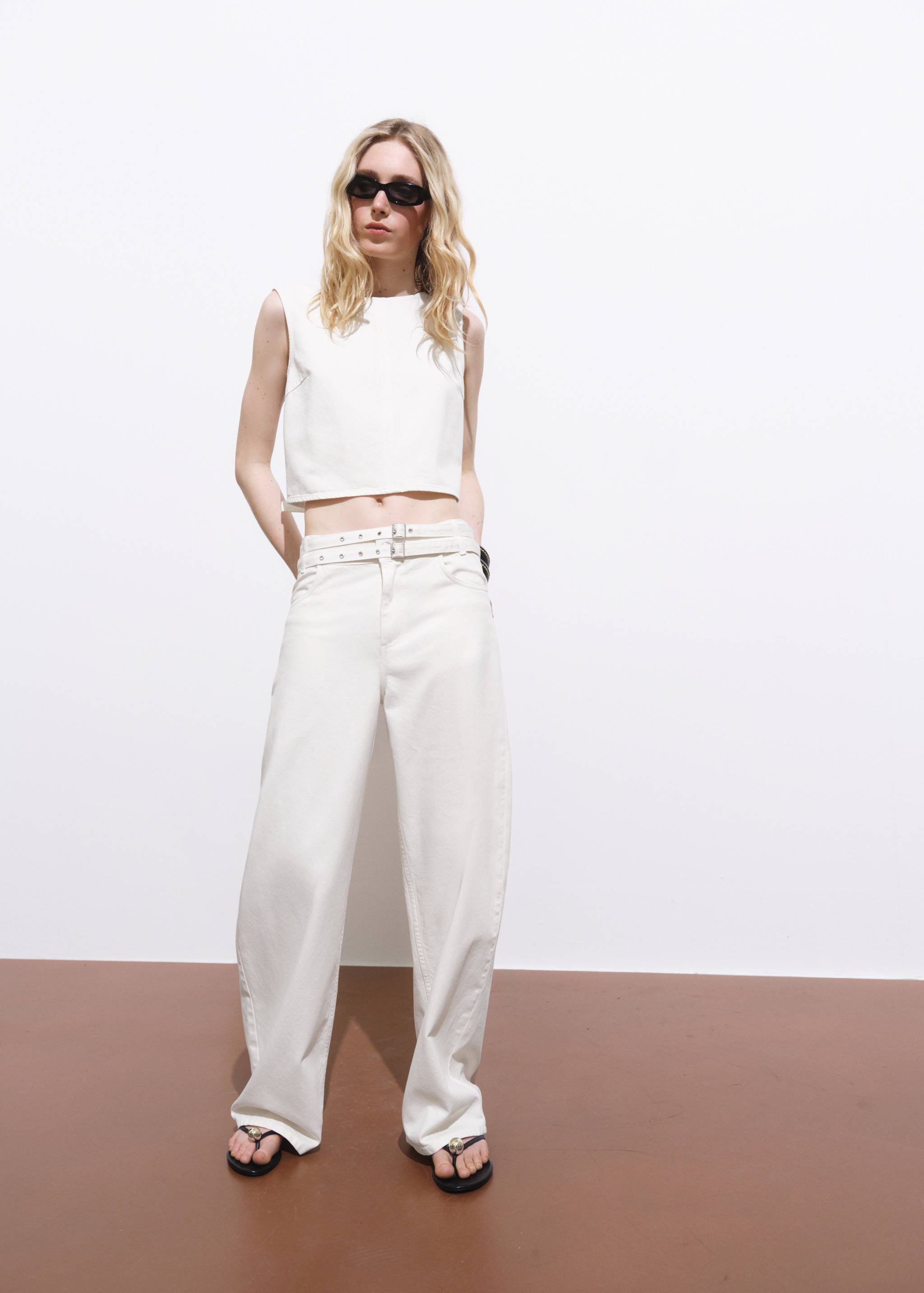 Denim crop top with buckle closure - General plane