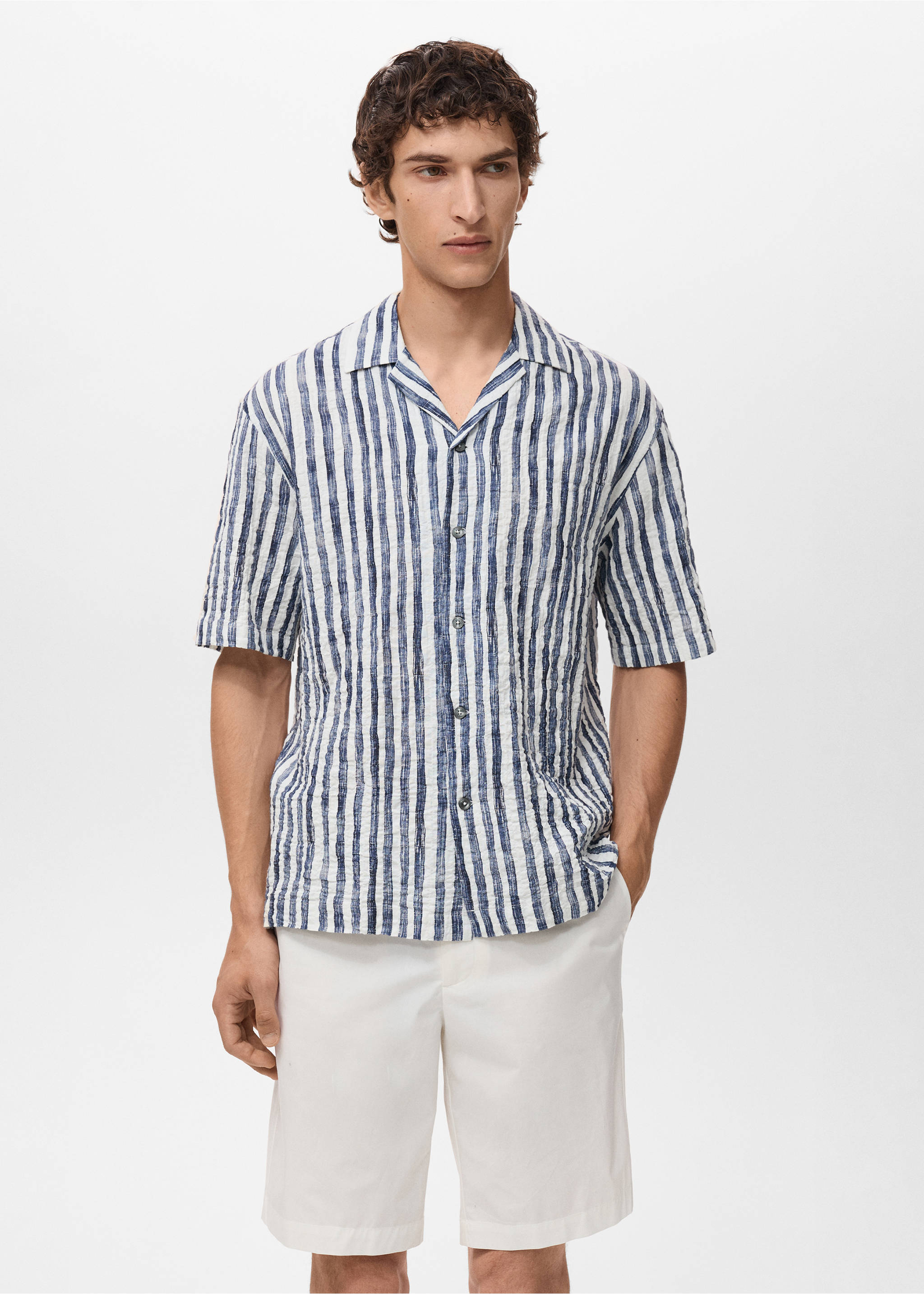 Short-sleeved striped cotton shirt - Medium plane, Blue. Ref: 17091276-00.