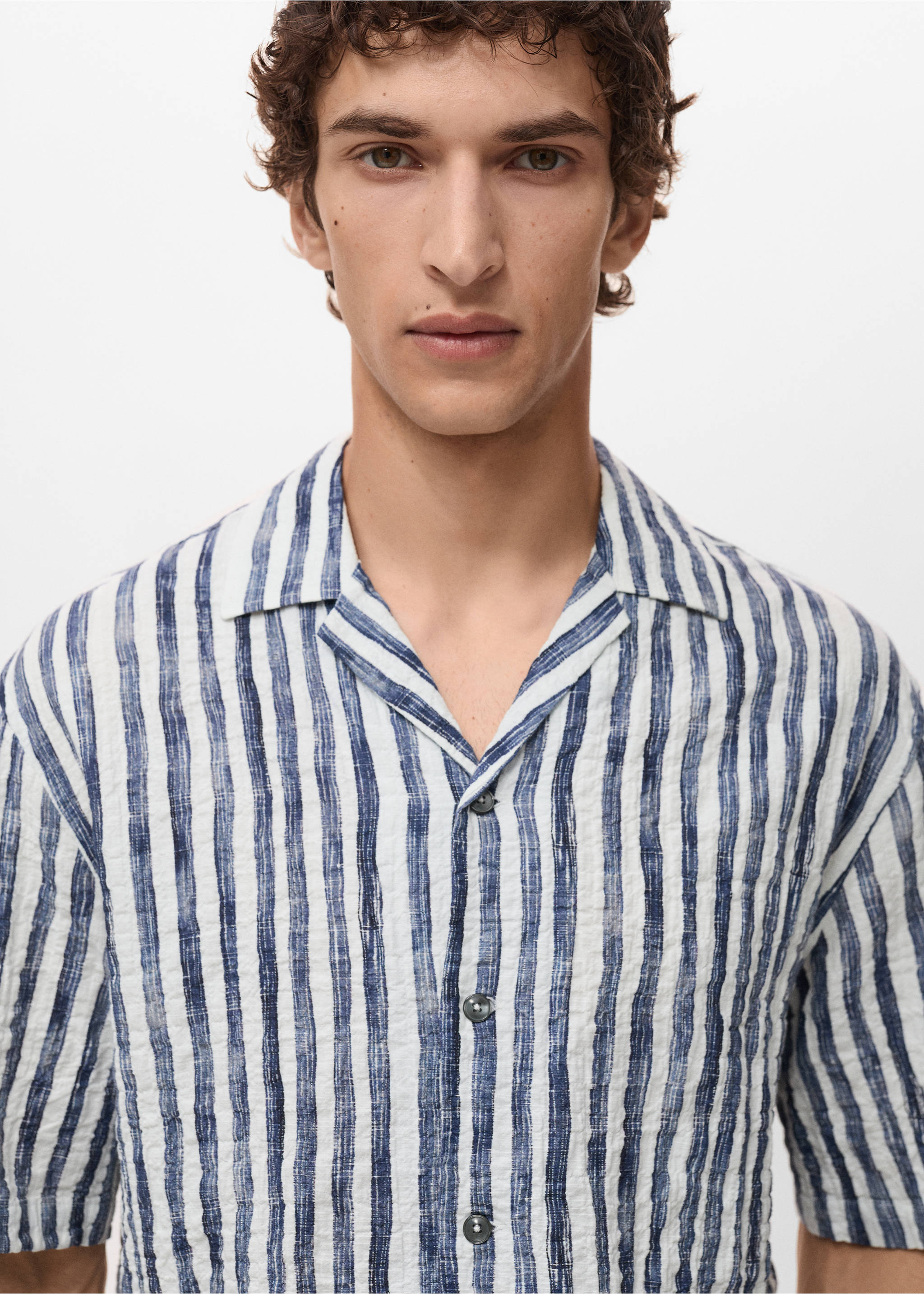 Short-sleeved striped cotton shirt - Details of the article 1, Blue. Ref: 17091276-00.