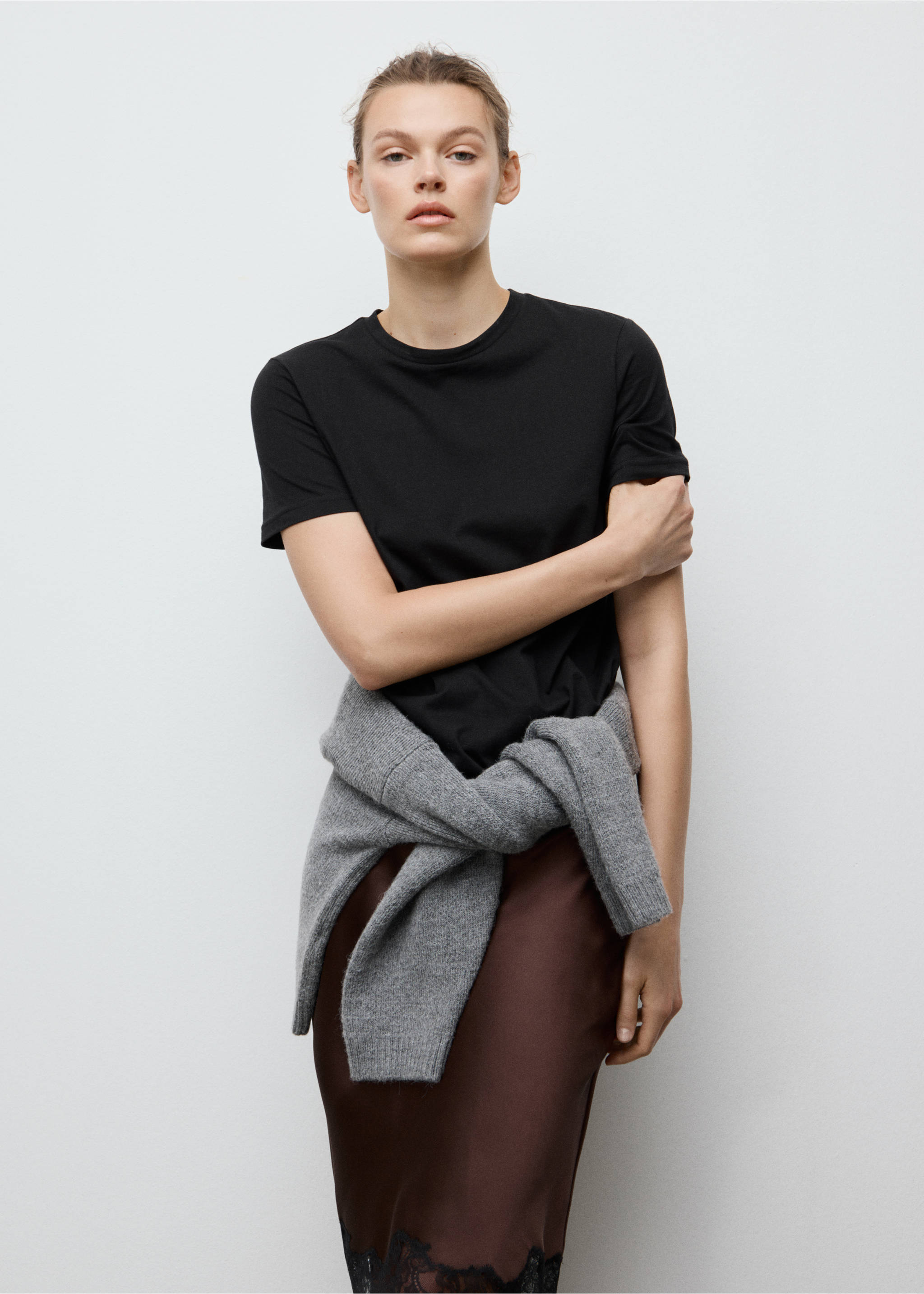 Pamučna majica kratkih rukava - Prikaz srednjeg dijela, Crna. Ref: 17091515-00.