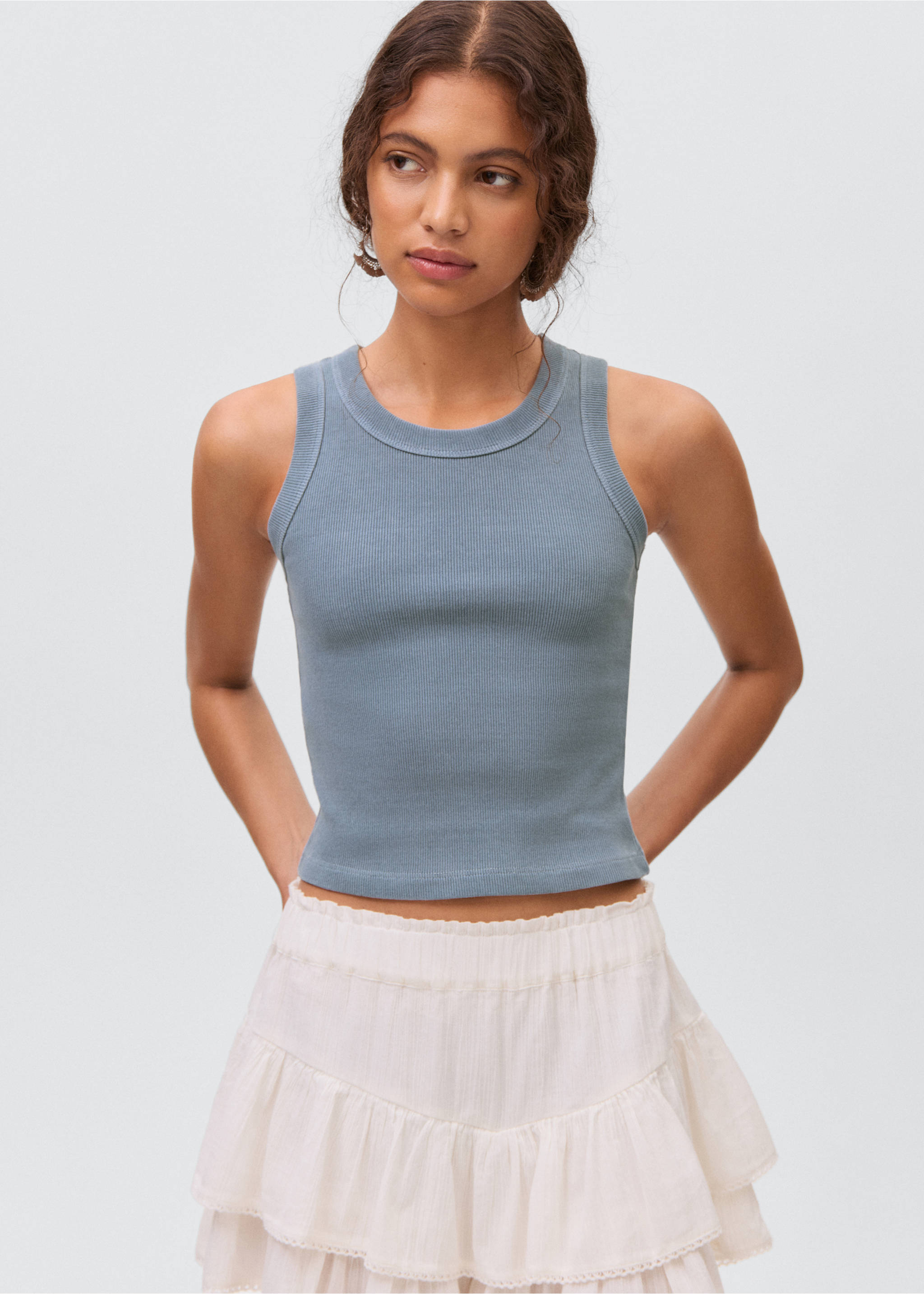 Ribbed cotton-blend top - Medium plane, Blue. Ref: 17091534-00.