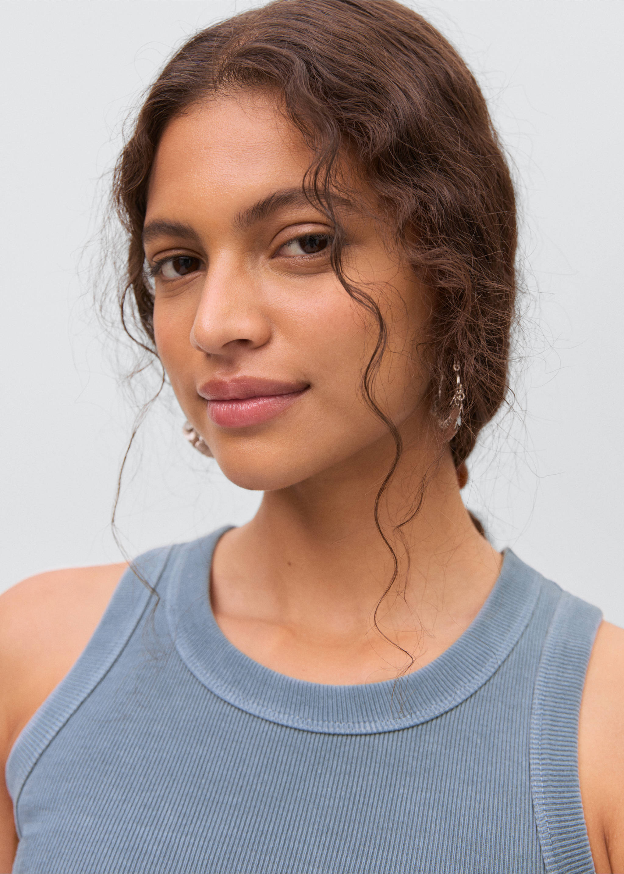 Ribbed cotton-blend top - Details of the article 1, Blue. Ref: 17091534-00.
