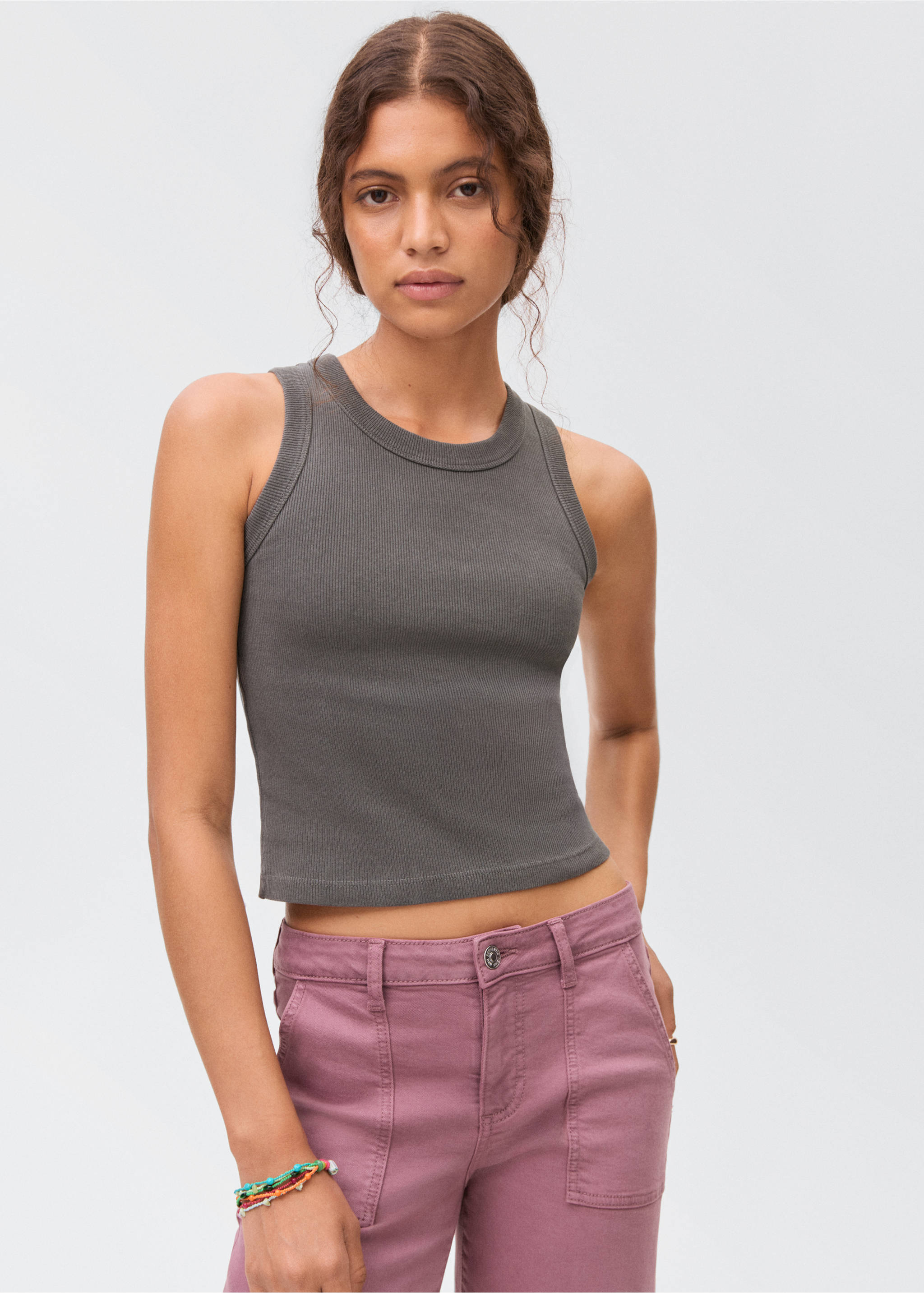 Ribbed cotton-blend top - Medium plane, Charcoal. Ref: 17091534-00.