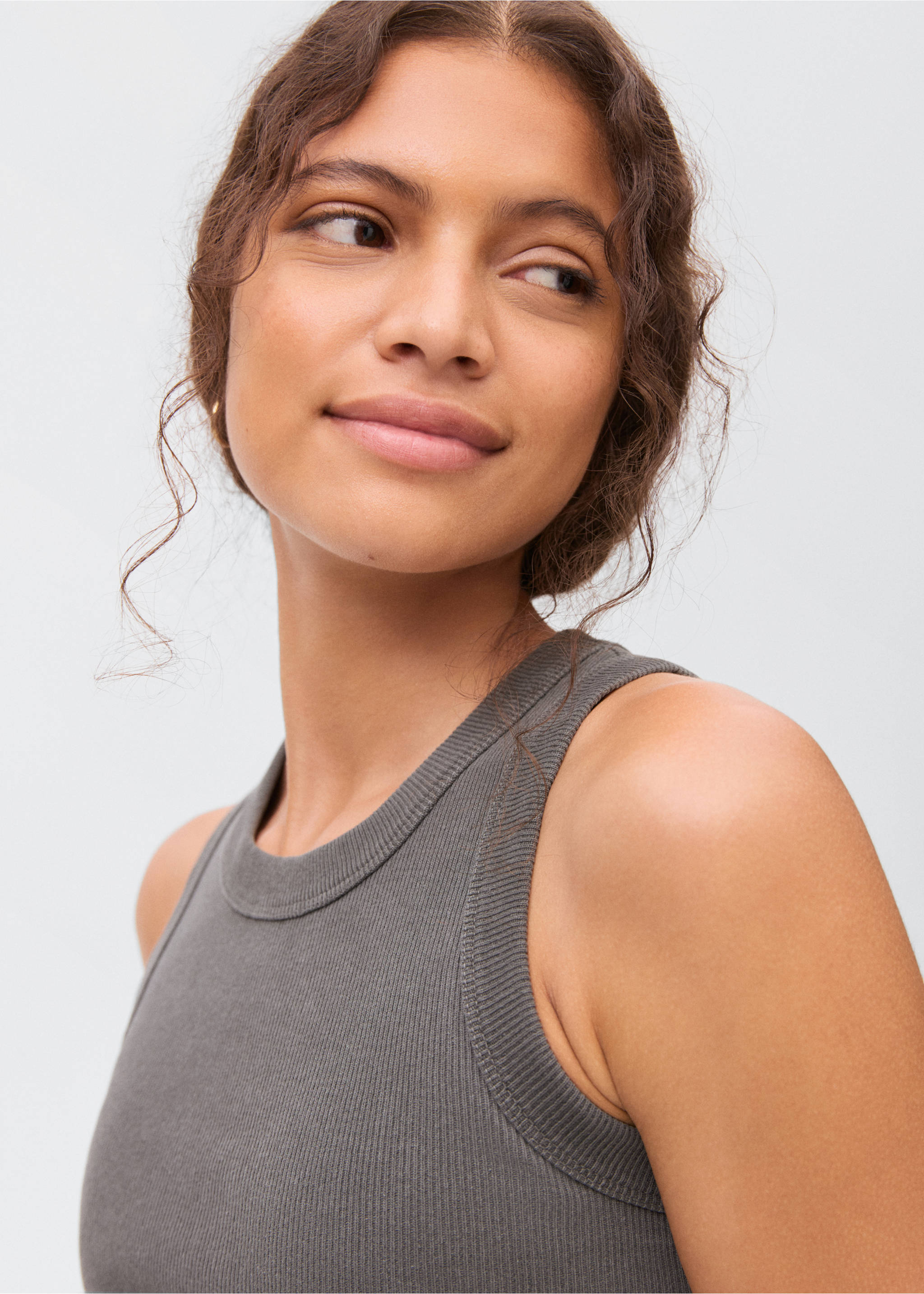 Ribbed cotton-blend top - Details of the article 1, Charcoal. Ref: 17091534-00.