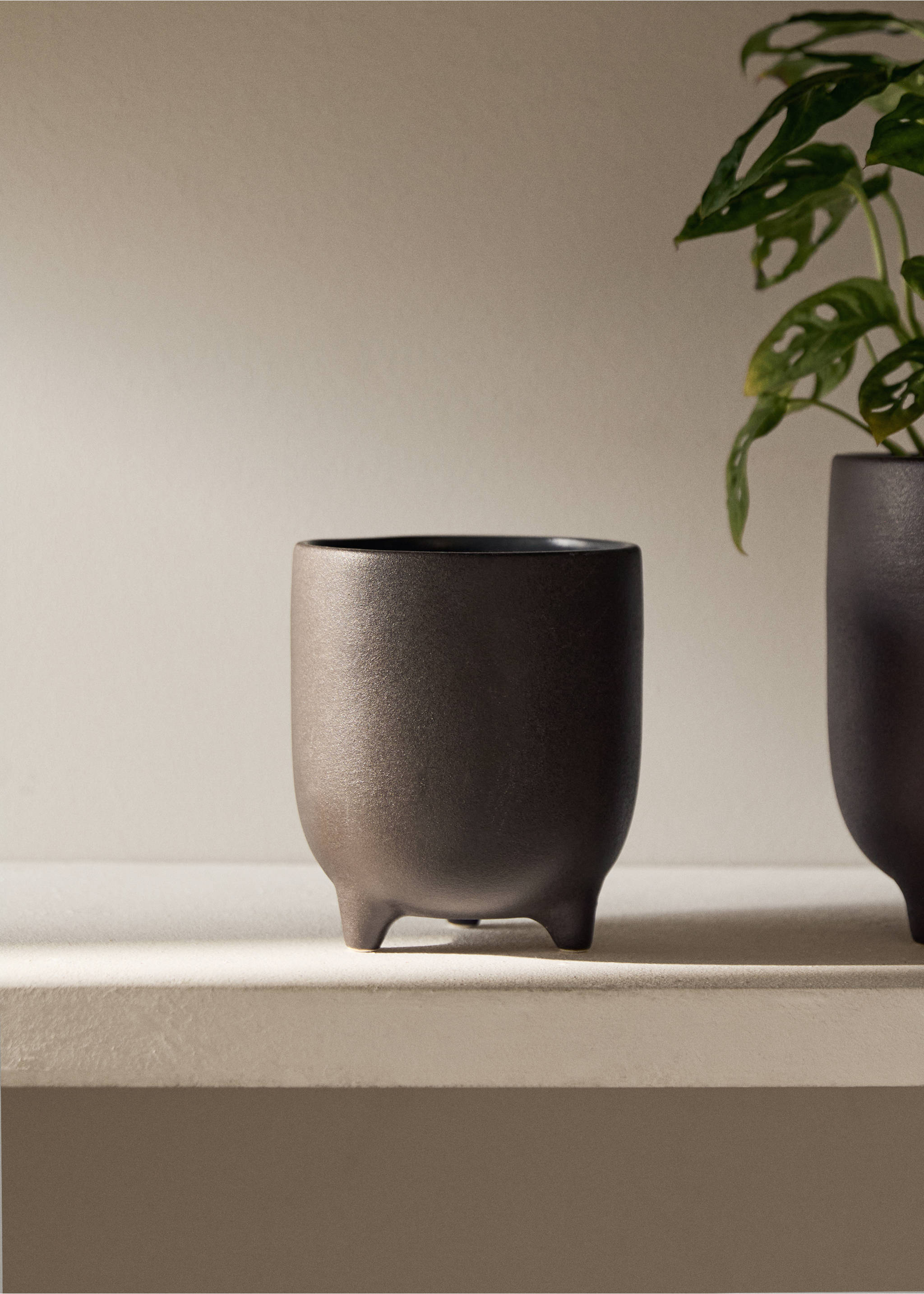 Small matte-finish stoneware planter - General plane, Chocolate. Ref: 17091536-00.