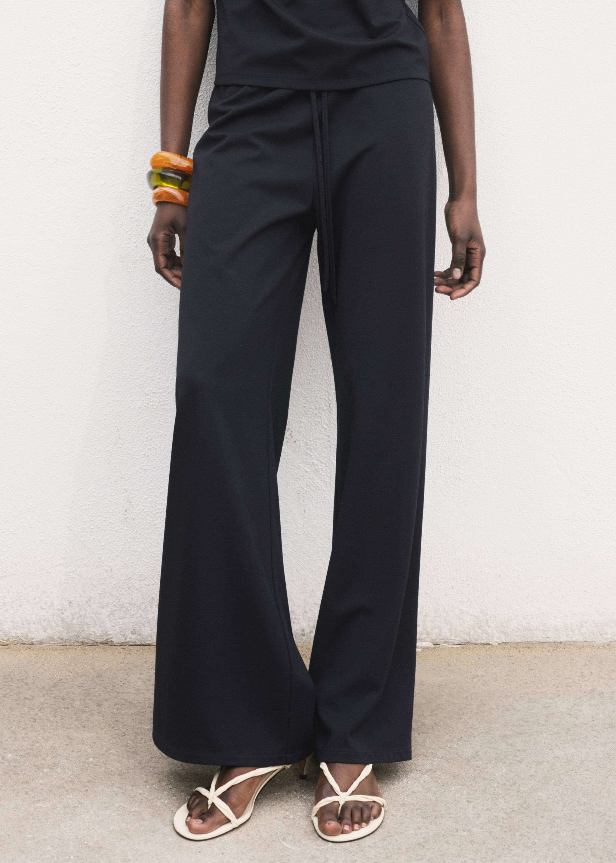 Wide leg trousers with elasticated waist - Medium plane, Navy. Ref: 17091578-00.