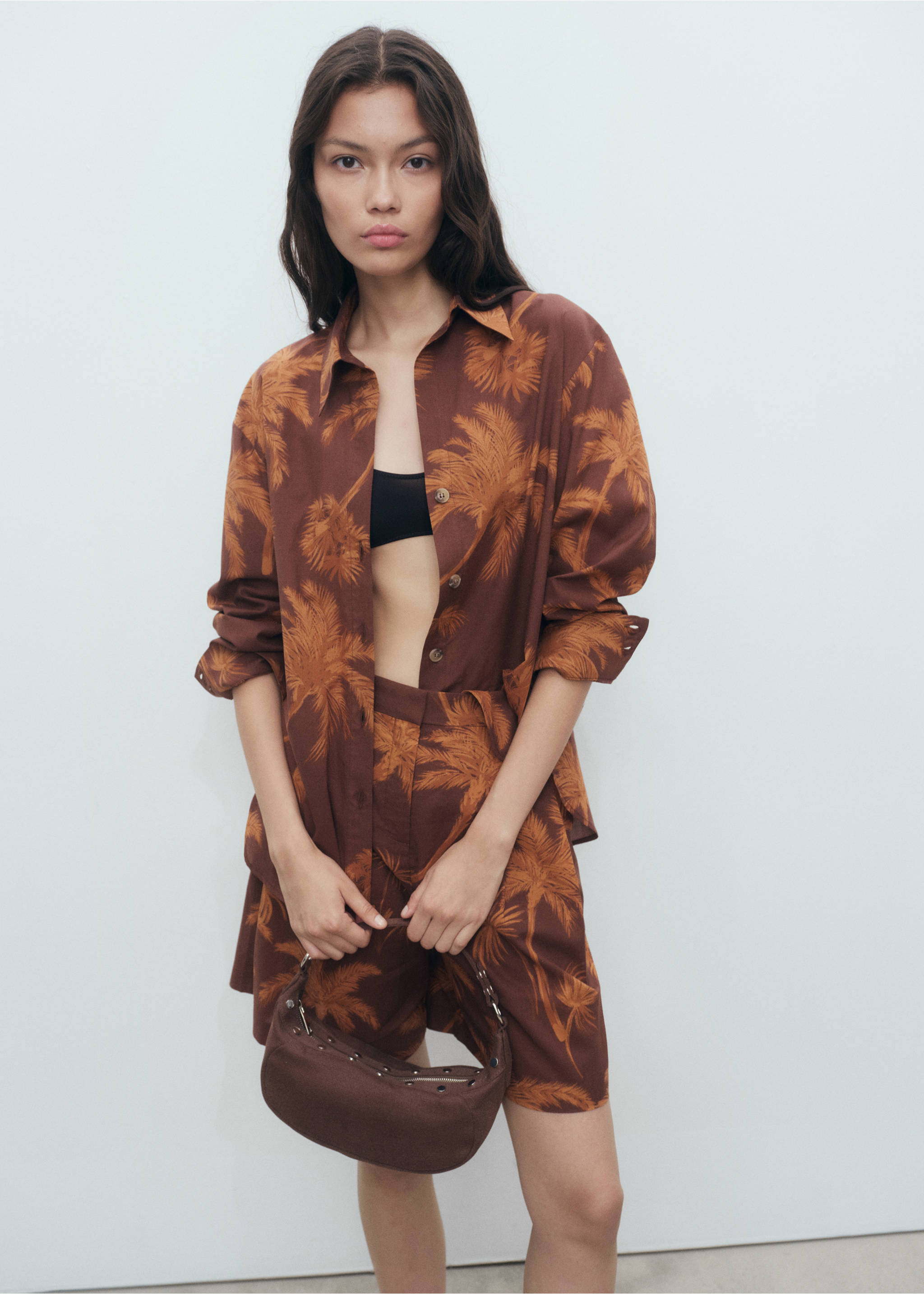 Palm tree print cotton shirt - Medium plane, Brown. Ref: 17092900-00.