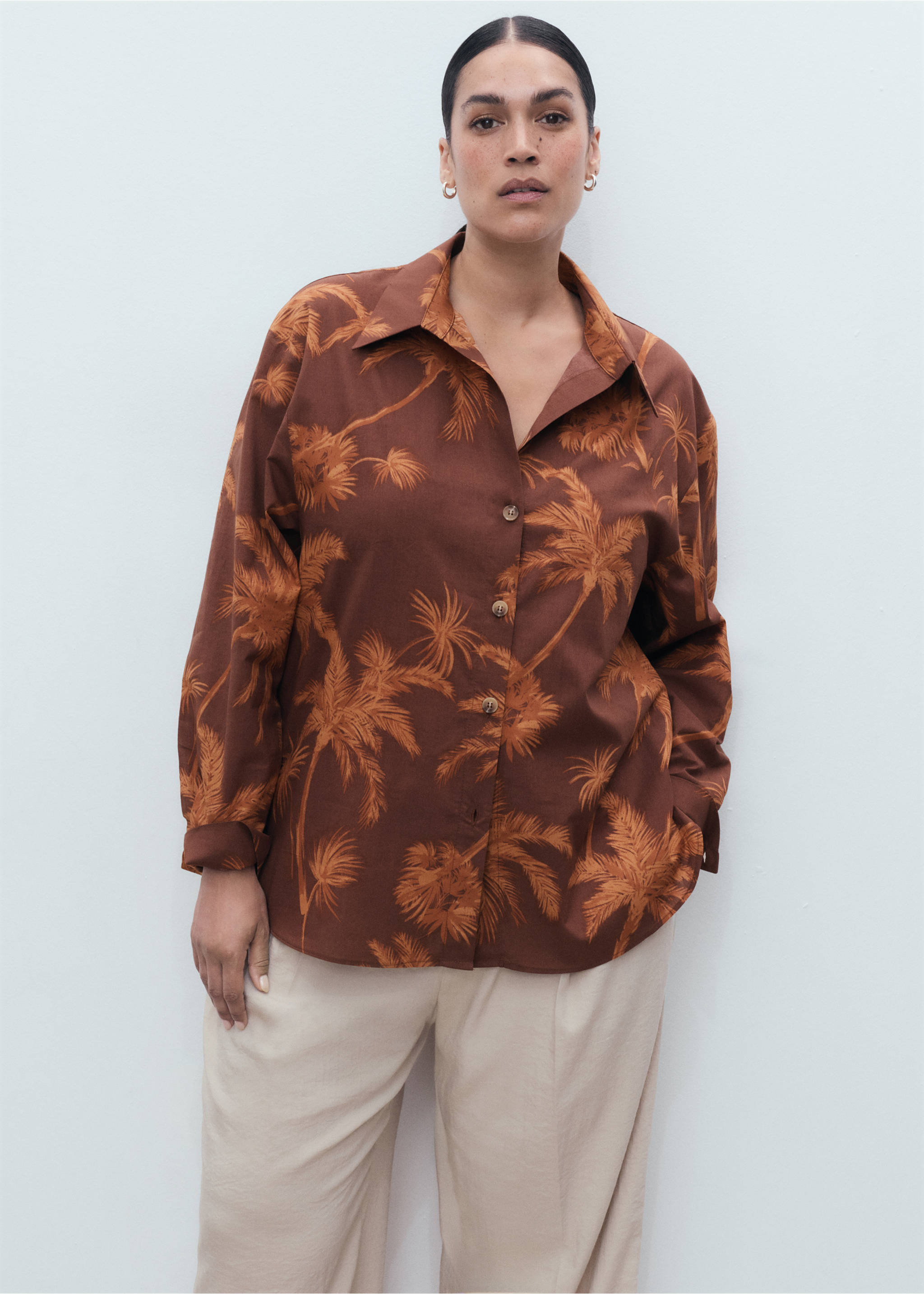 Palm tree print cotton shirt - Details of the article 5, Brown. Ref: 17092900-00.