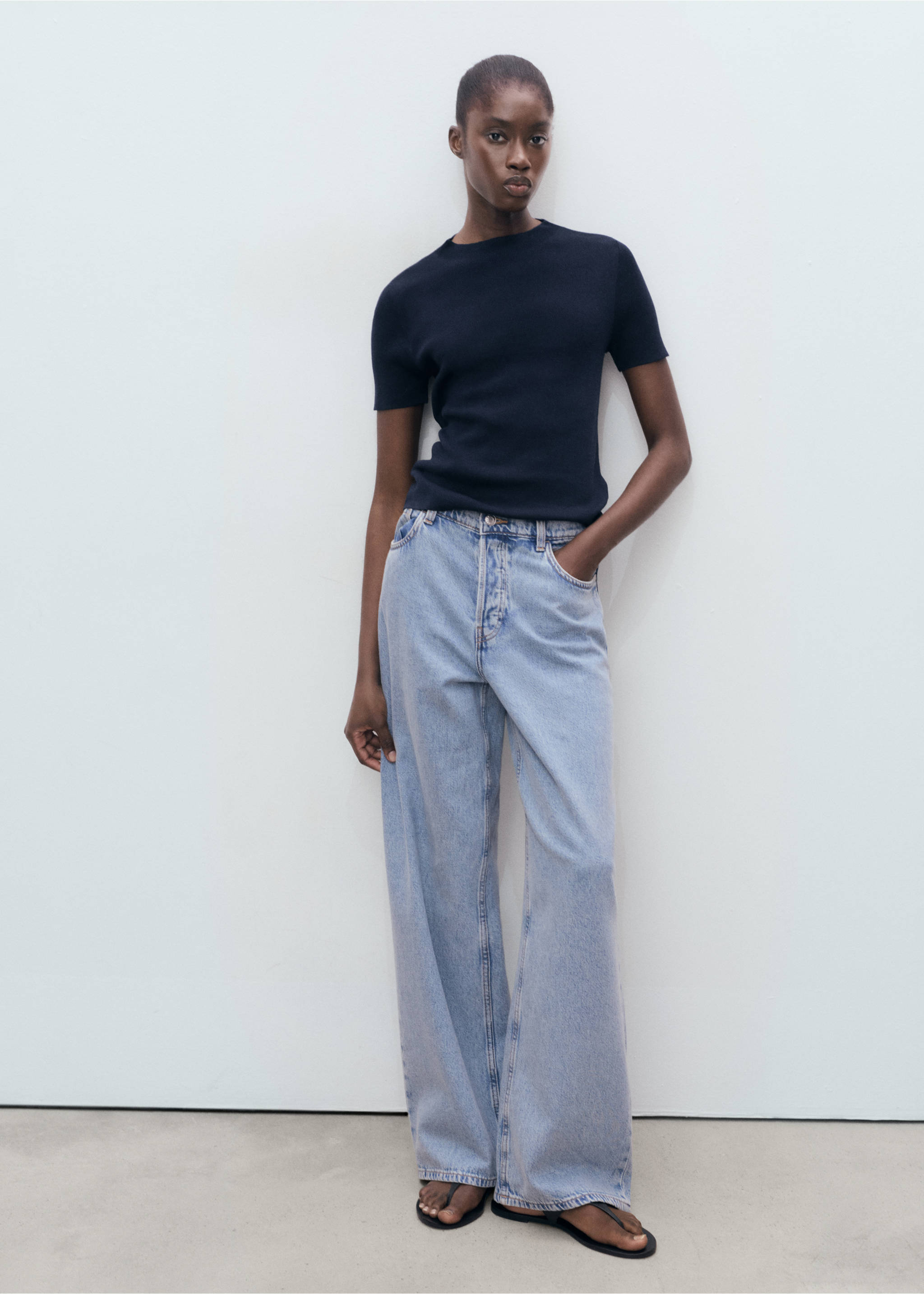 Pull-over maille fine manches courtes - Plan général, Bleu marine. Ref: 17092907-00.