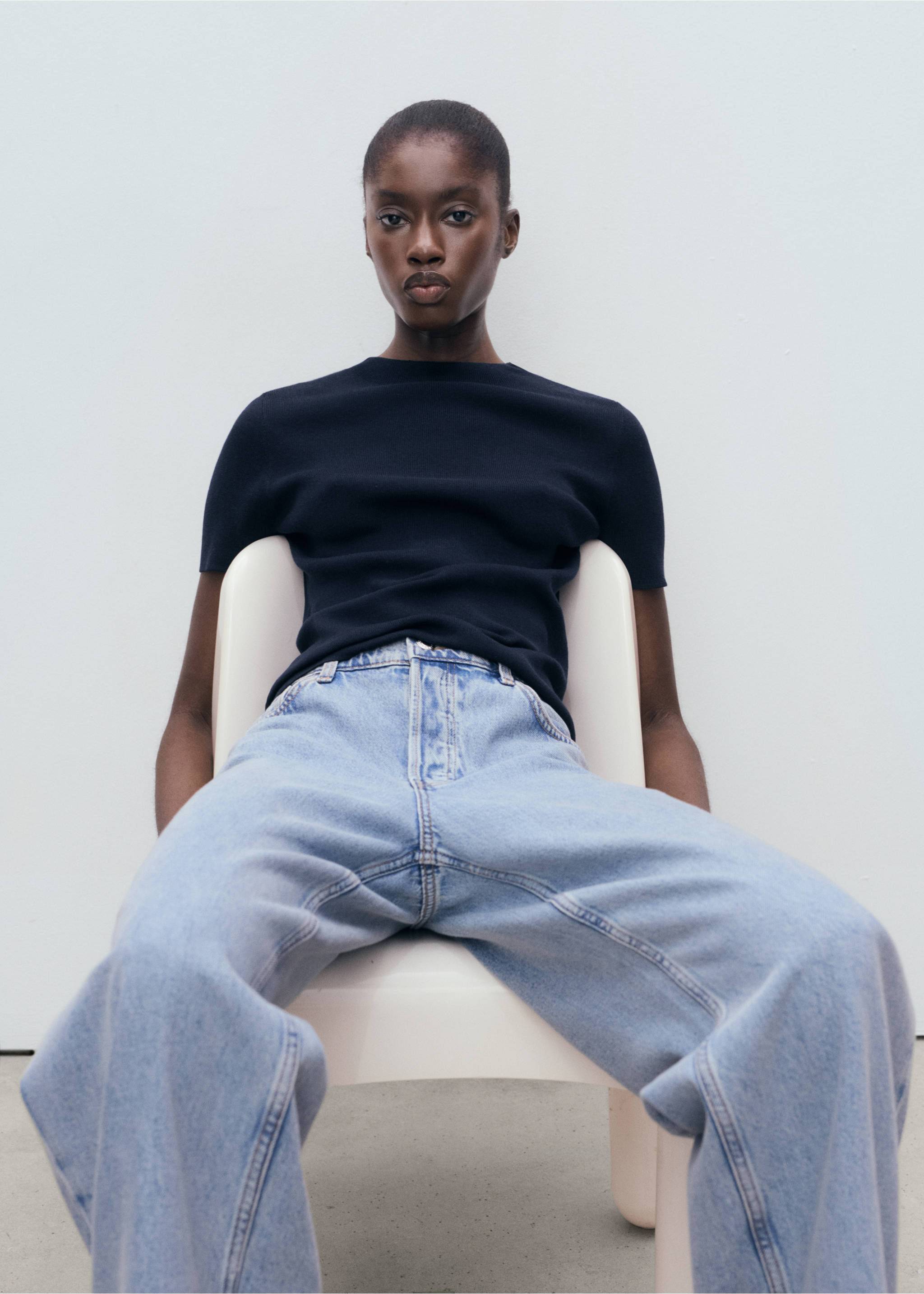 Pull-over maille fine manches courtes - Détail de l'article 2, Bleu marine. Ref: 17092907-00.