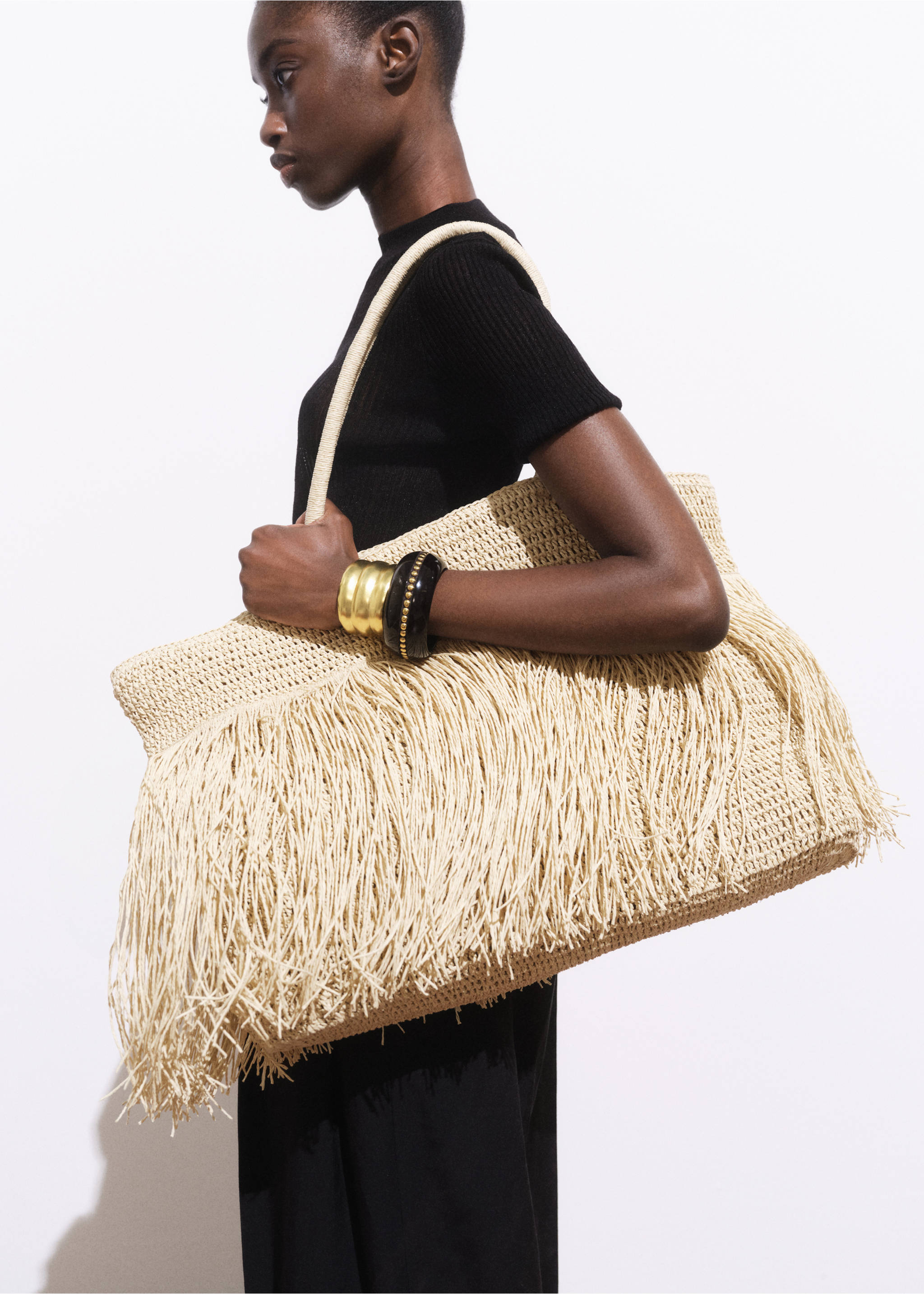 Shopper-Tasche aus Naturfaser mit Fransen - Allgemeine Ansicht, Beige. Ref: 17092916-00.
